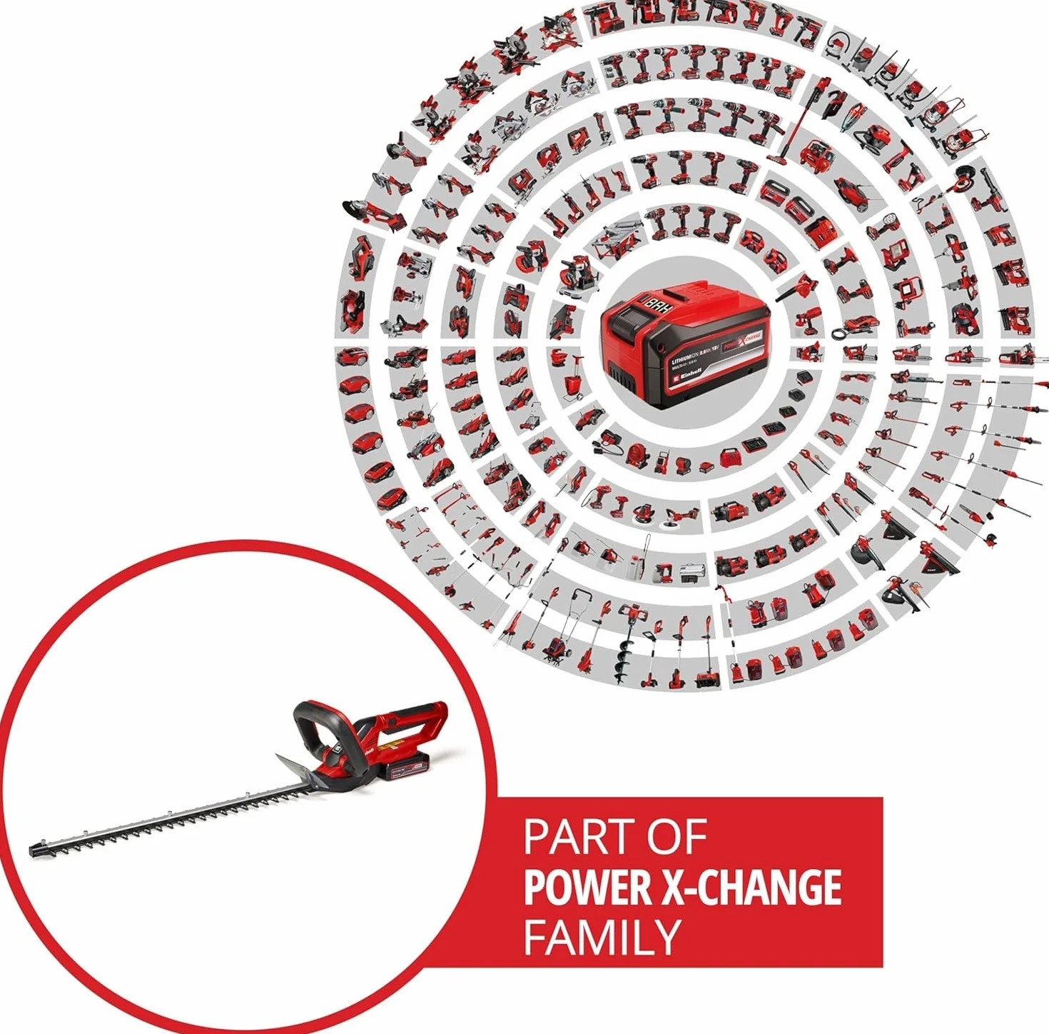 Einhell Cortasetos con batería GC-CH 1855/1 Li Kit Power X-Change (18V, 55cm de Longitud de Corte, 18mm Distancia Entre Dientes, Mango Giratorio, colector de Recortes, Incl. 2,5Ah batería y Cargador)