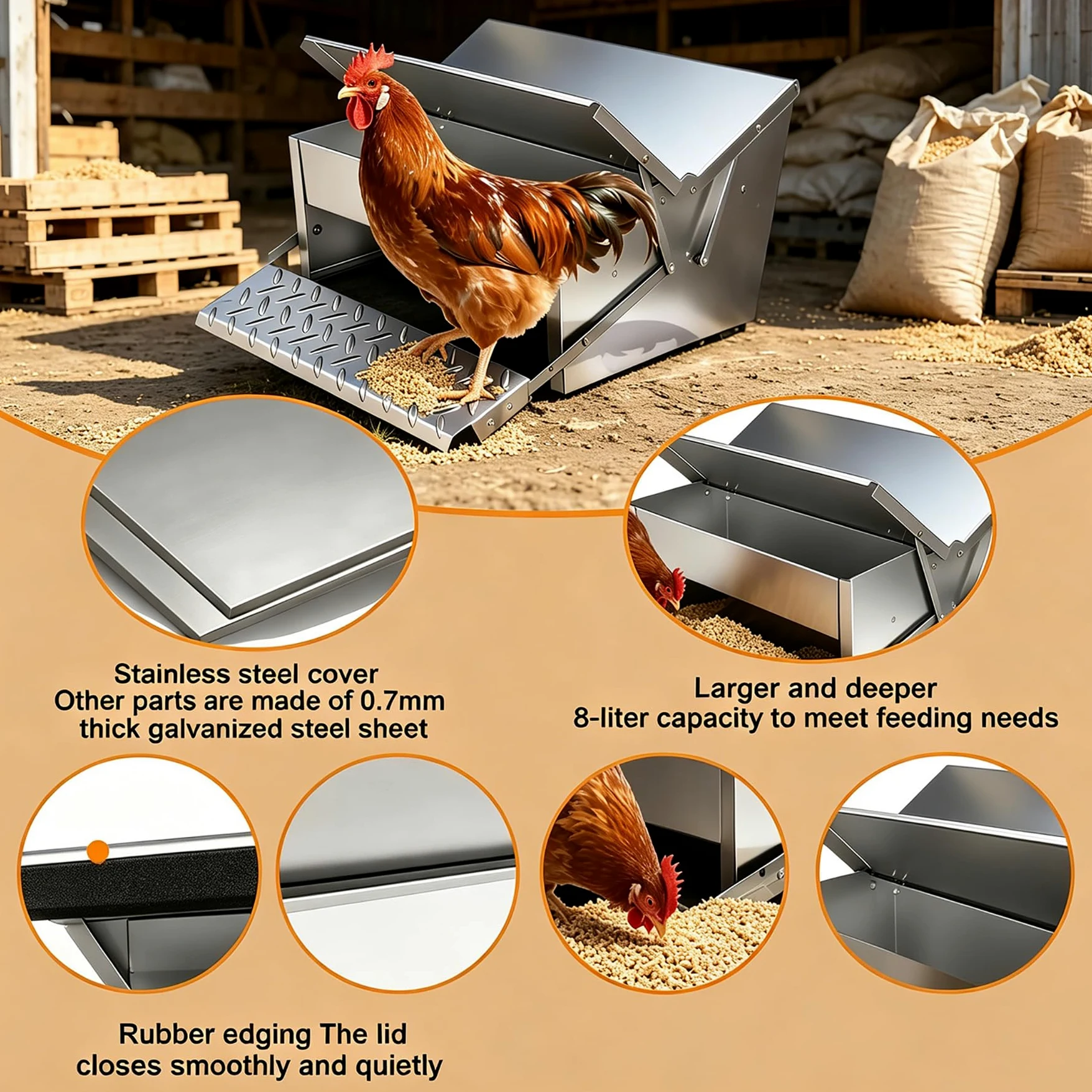 Comedero Automático Grande para Gallinas Bebedero con Pedal para Gallinas Comedero para Ganado De Exterior De Acero Inoxidable De Gran Espesor para Gallinas, Patos Y Gansos