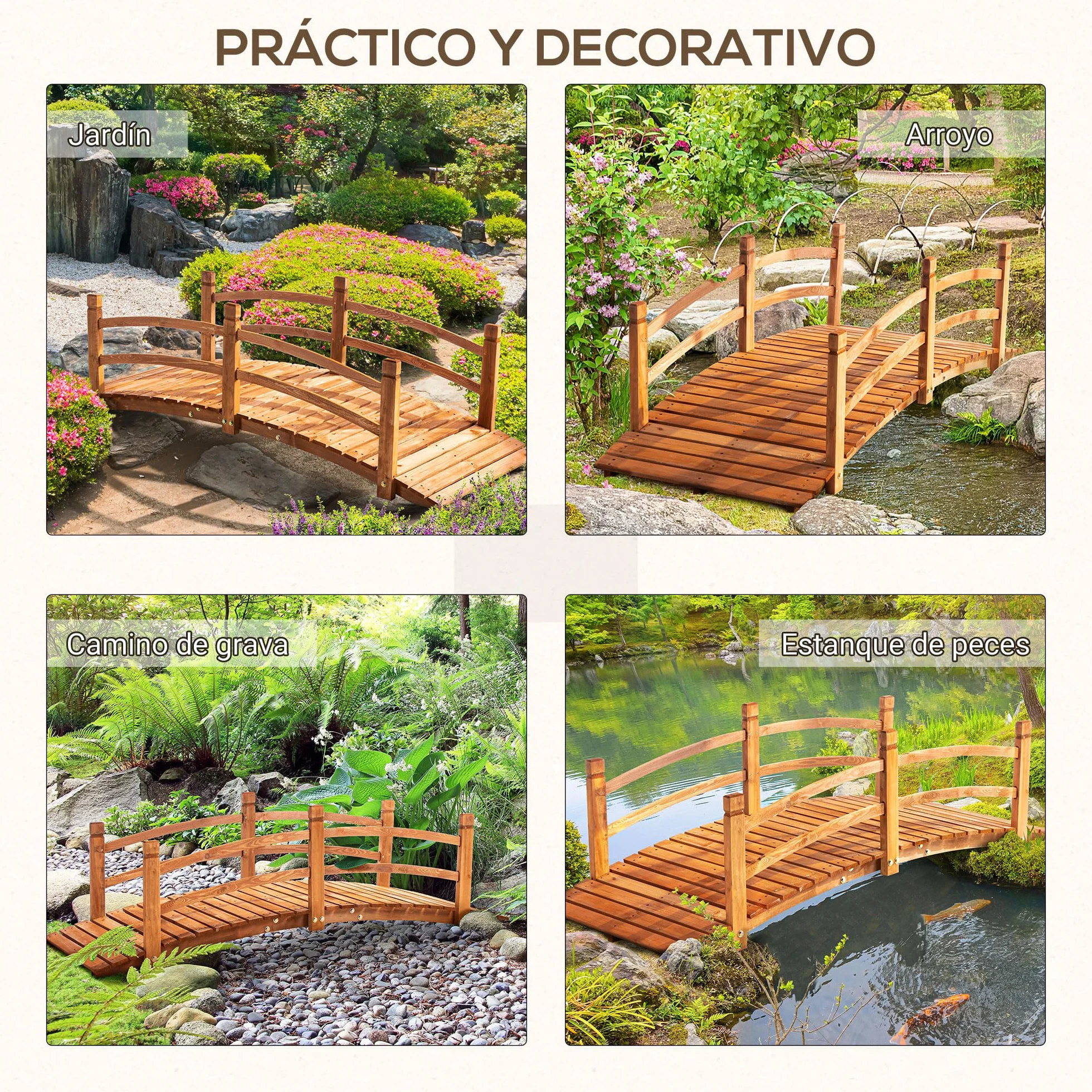 Outsunny Puente de Arco de Madera 185x72x58 cm con Pasamanos Puente de Jardín para Decoración Patio Carga 200 kg Natural