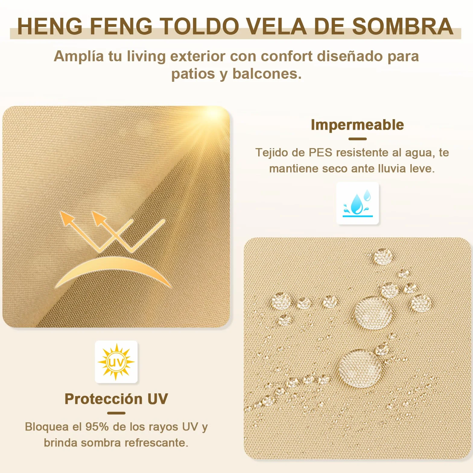 HENG FENG Toldo Vela de Sombra Rectangular 3x4m, PES 160 g/m² Impermeable, 95% Bloqueo UV, para Exterior en Terraza, Jardín, Patio - Incluye Cuerda de Fijación - Color Arena