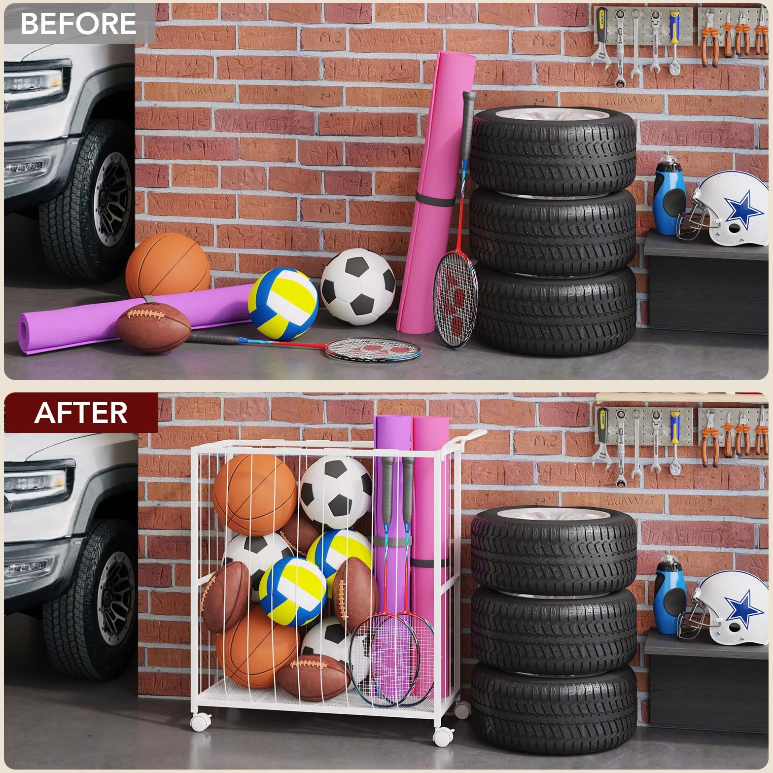 Homsorout Cesta de almacenamiento de bolas, carrito deportivo organizador de metal para garaje y gimnasio