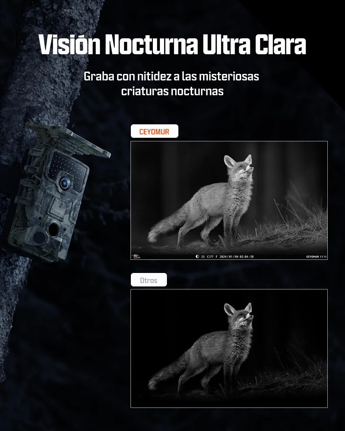 CEYOMUR 4K UHD Cámara de Caza Nocturna Solar WiFi 6 con Detección 120°, Batería 5200 mAh, IP66