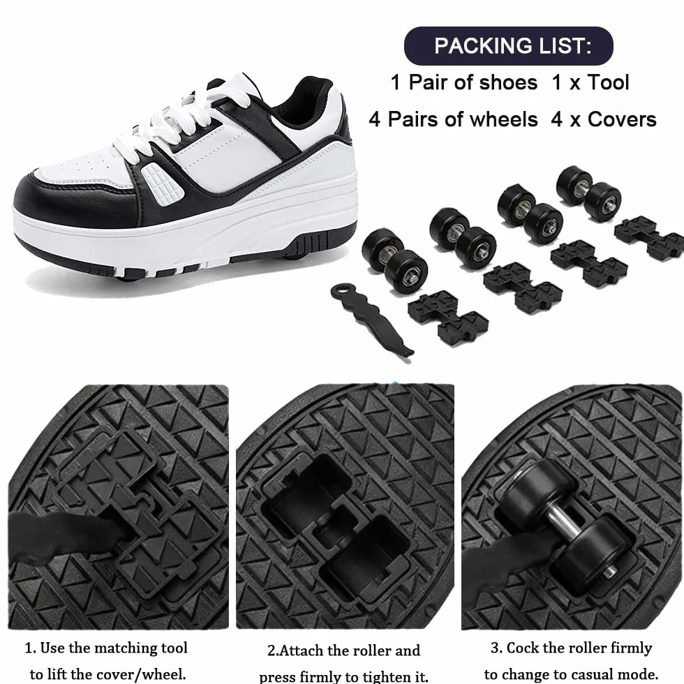 ENEN Zapatos con Ruedas para Niños y Niñas, Zapatillas de Patinaje Multifuncionales Rosa Blanco/Negro Blanco