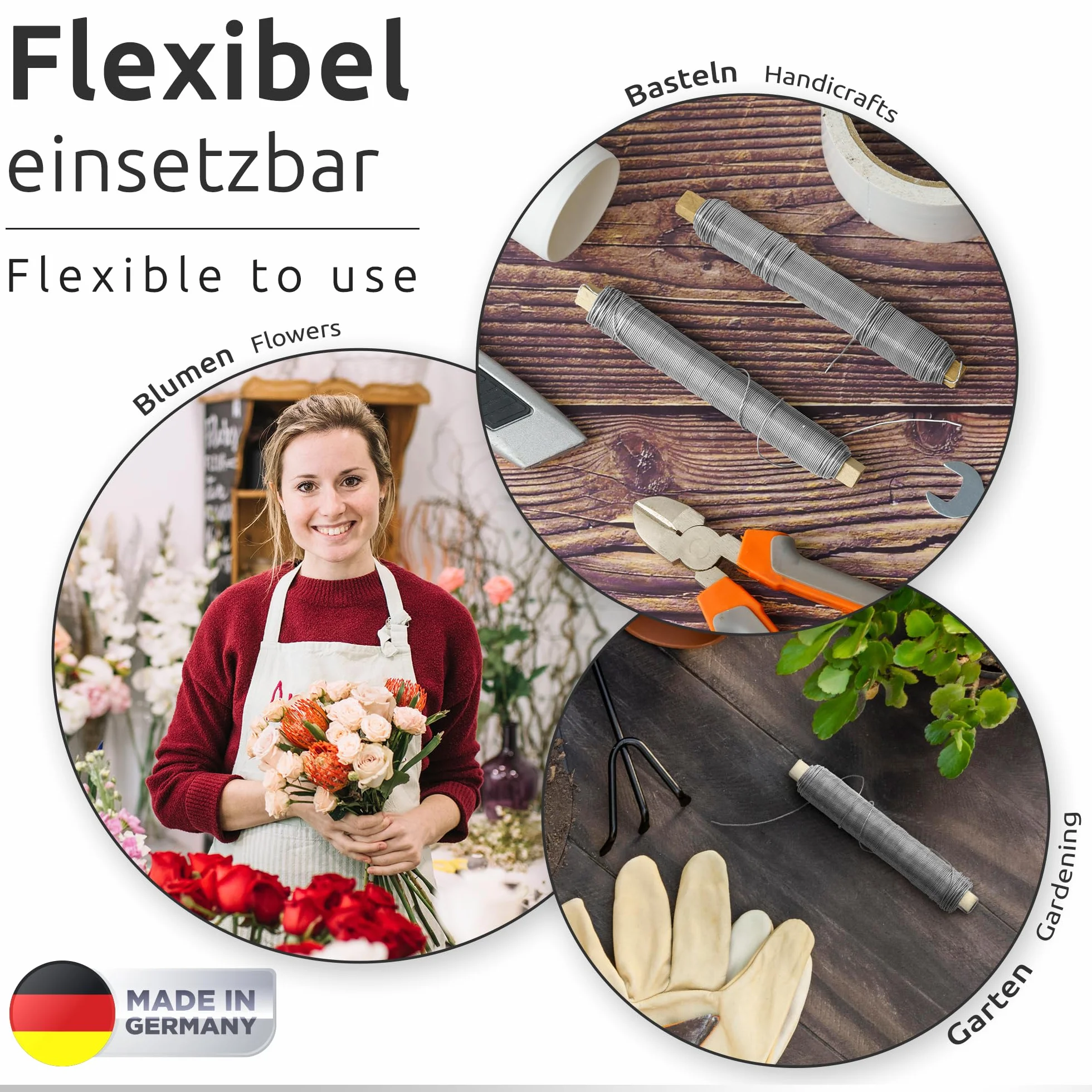 ECENCE 4x alambre de hierro para flores galvanizado, 0,65 mm alambre de unión a granel sobre base de madera, alambre de jardinería para fijar plantas y flores, alambre de fijación para jardín 35 m