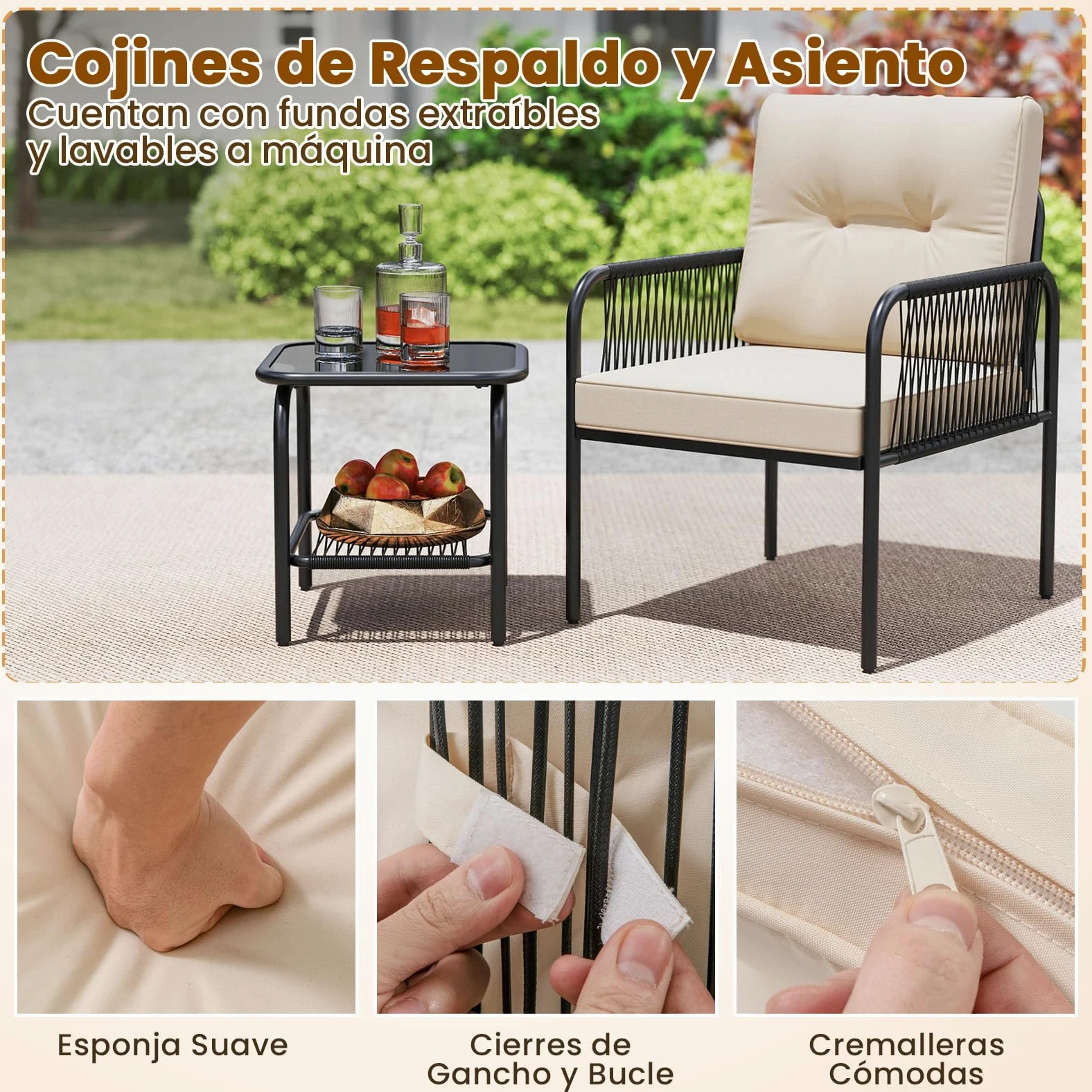 COSTWAY Conjunto Jardin Exterior de Ratan PE 3 Piezas, Mesa de Vidrio Templado, 2 Sillas con Cojines, Mesa y Sillas Muebles Jardin Terraza Balcon Exterior