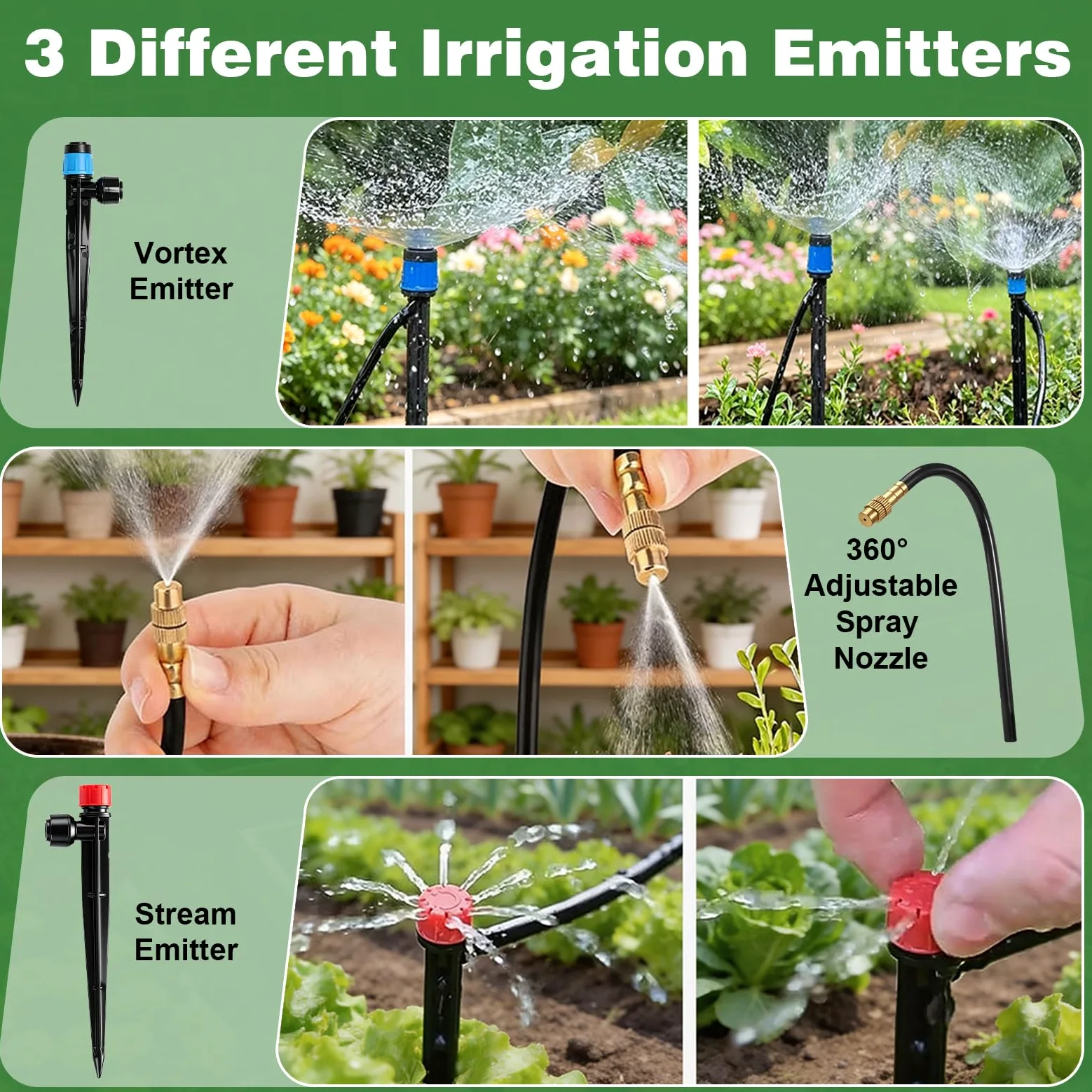 Sistema de riego automático de 360 ° para jardín, 30 m, 20 emisores con estaca + 10 boquillas de cobre ajustables, 12 mm+6 mm, sistema de riego por goteo y sistema de refrigeración por niebla para
