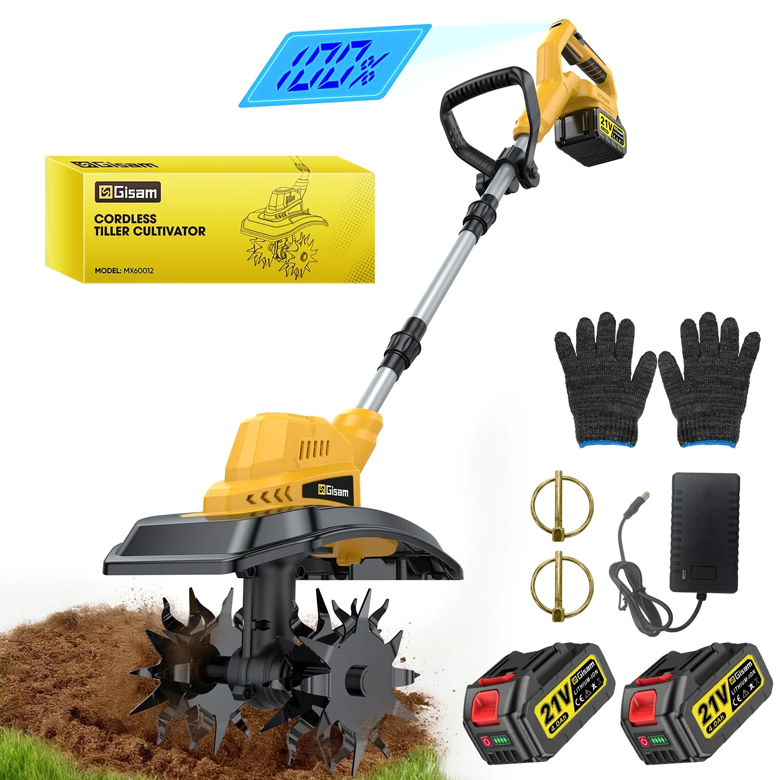 Motocultor Eléctrico Inalámbrico con 2 Baterías de 4,0 Ah, 400 RPM, Batería Sin Escobillas, Ancho 23 cm y Profundidad 21 cm, Motocultor Plegable para Labrar y Suavizar el Suelo