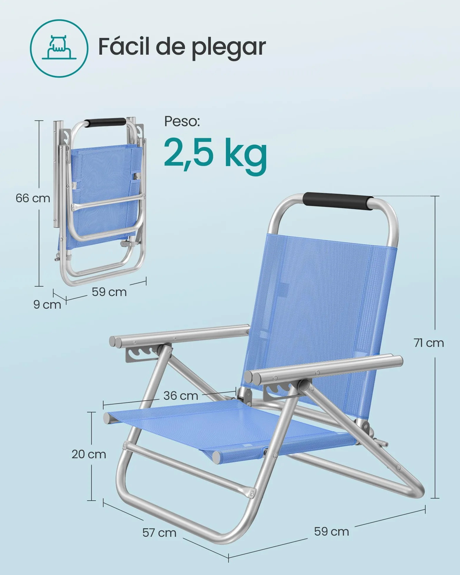SONGMICS Silla de Playa, Plegable, Portátil, Respaldo Ajustable en 4 Niveles, con Reposabrazos, Transpirable y Cómoda, Taburete de Exterior, Azul GCB65BU