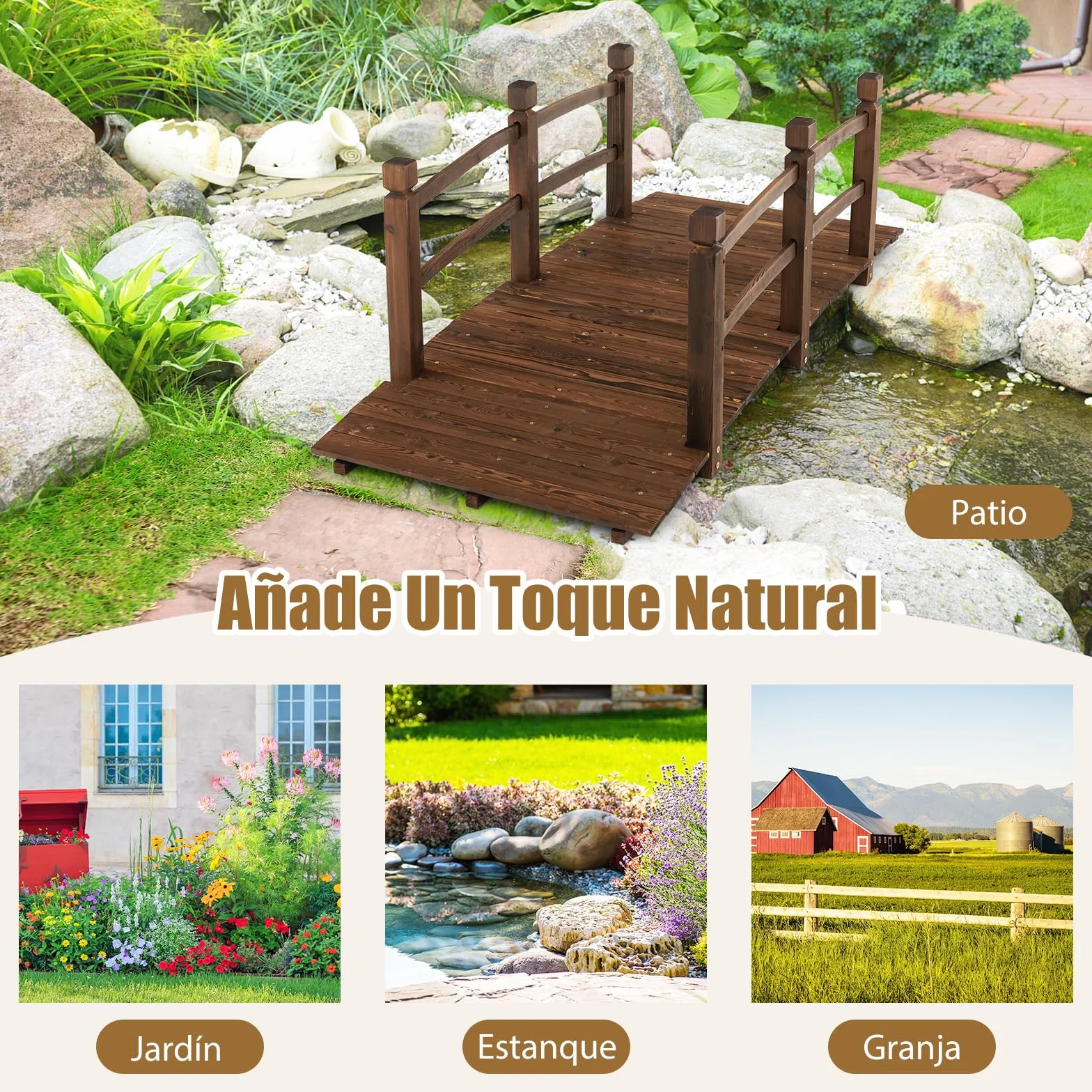 COSTWAY Puente de Jardín Madera, 171 x 76,5 x 58cm, Puente de Pie Decorativo Carbonizado con Barandillas de Seguridad, Carga 180 kg, Madera de Abeto, Jardín, Patio, Granja