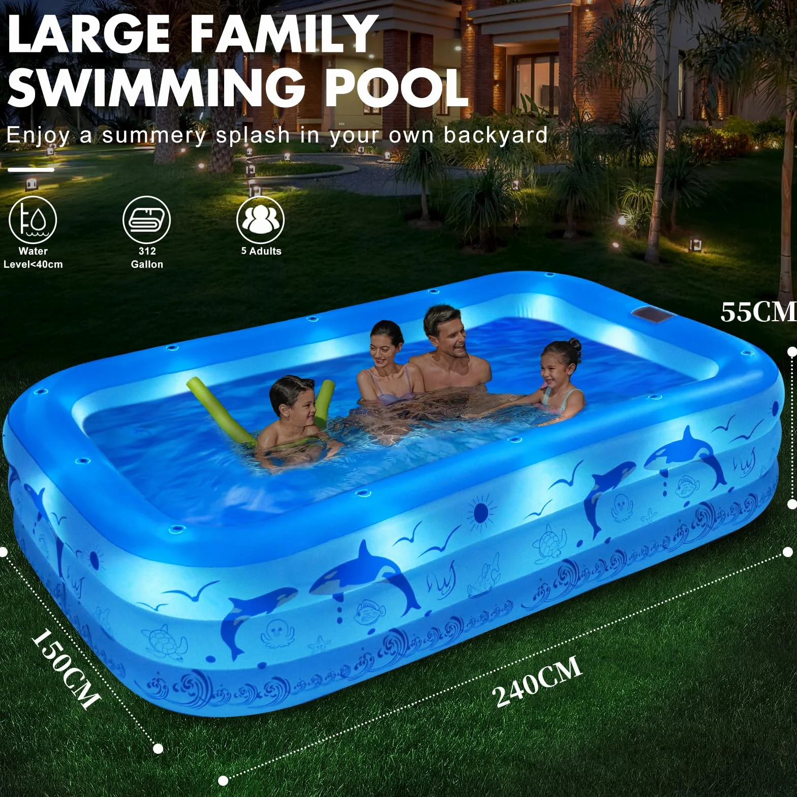 LanOcean Piscina Hinchable Adultos con Luces, Solar Grandes Piscinas Hinchables Rectangular con 12 Modo de Iluminación, 240x150x55CM Piscina Hinchable Infantil, Piscinas Hinchables para Jardin Terraza