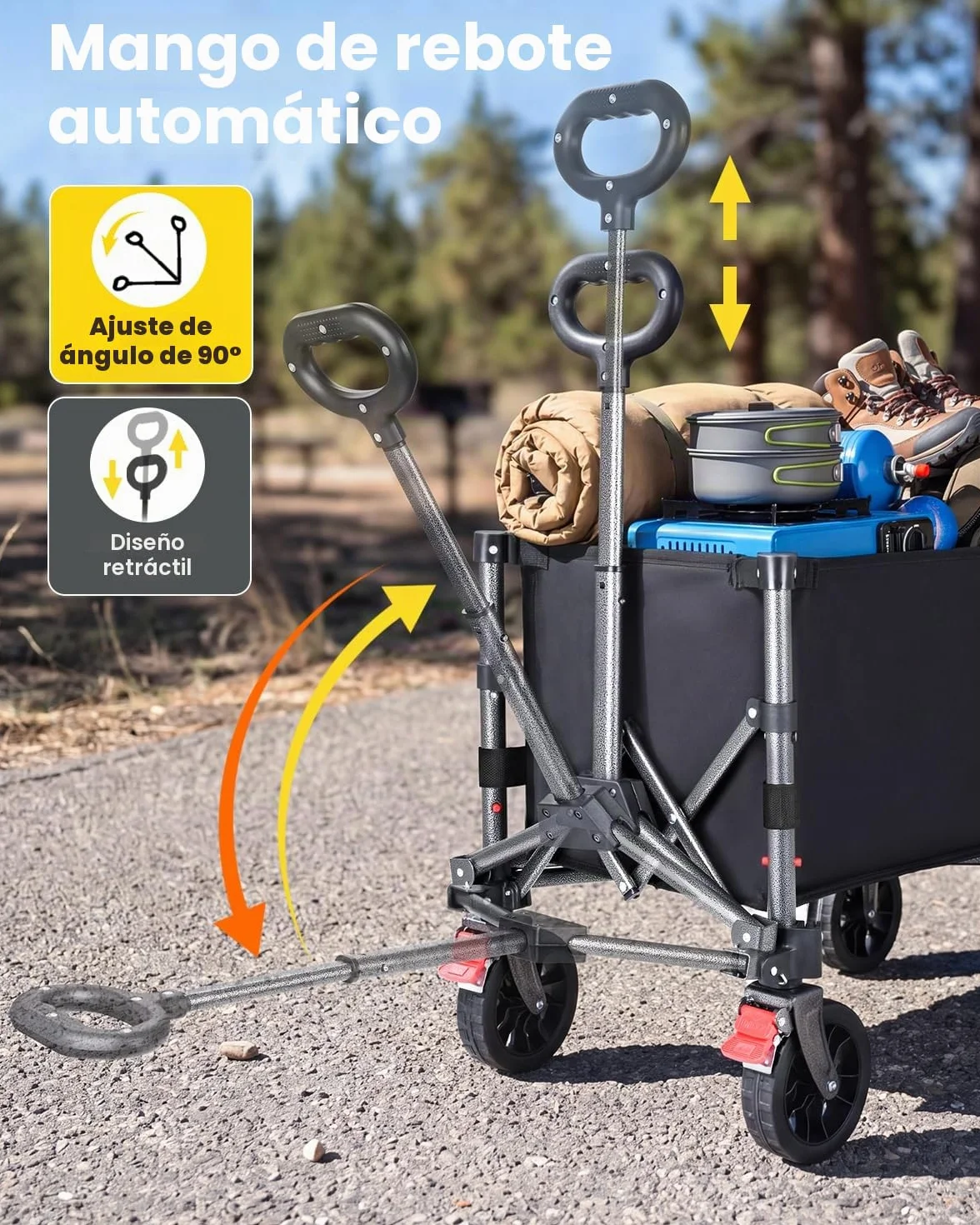 YEAUPE PRO Carro Playa Plegable con Ruedas – 70L, 50 kg – Ruedas Amovibles, Mango Ajustable, Acceso Lateral con Cremallera y Diseño Compacto, Ideal para jardín, paquetería y hogar – Negro Tinta
