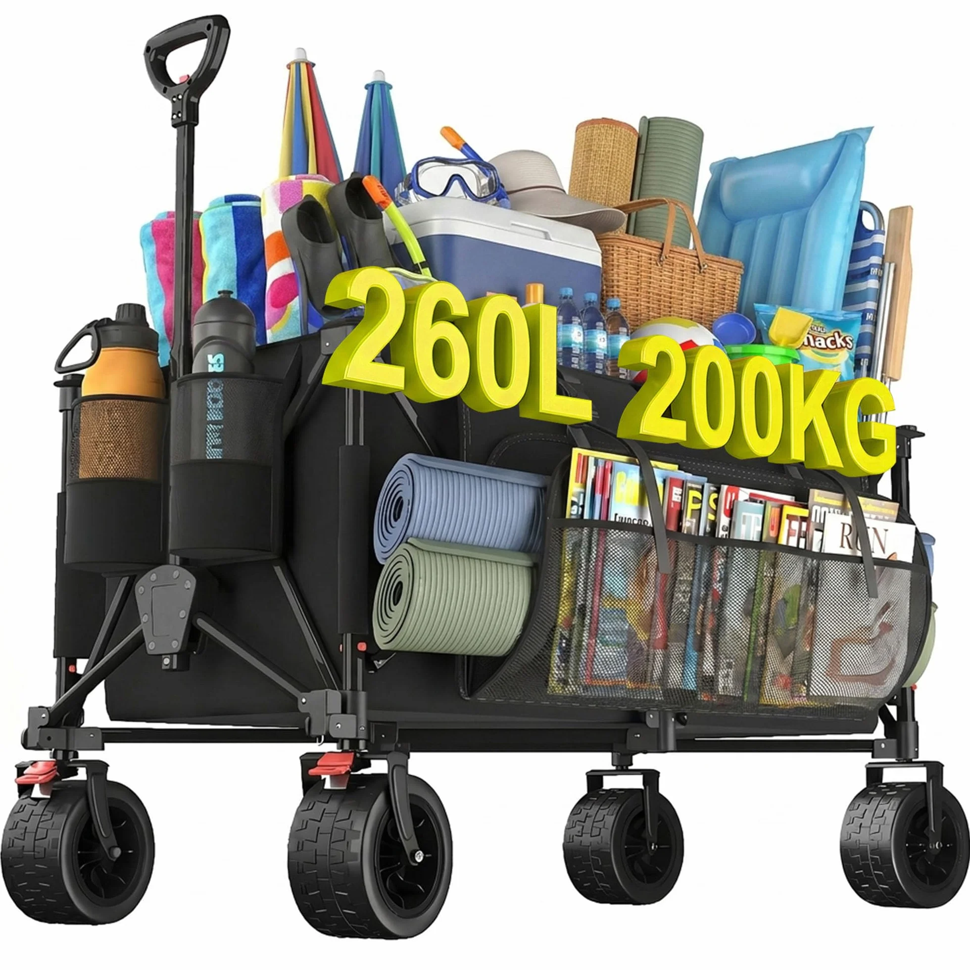 Devoko Carro Playa Plegable con Ruedas | 260L con Freno | Carrito Playa Plegable hasta 200 kg | Asa Ajustable | 3 Entrepiso | Carrito Multiusos Ideal Playas, Compra, Jardín o Camping(Negro)