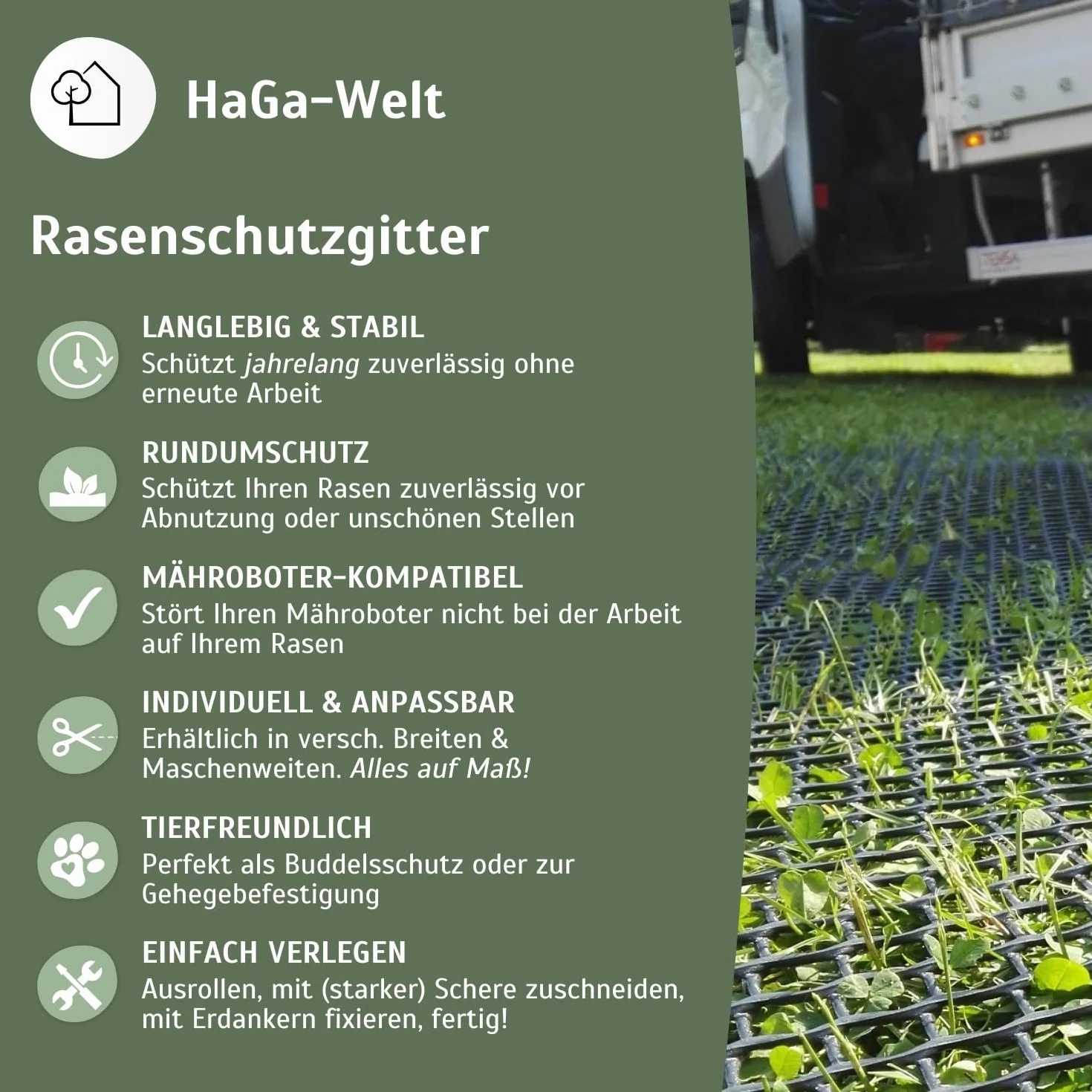 HaGa Rejilla protectora para césped de 1,3 m x 5 m, de plástico, robusta y transitable para jardín y césped