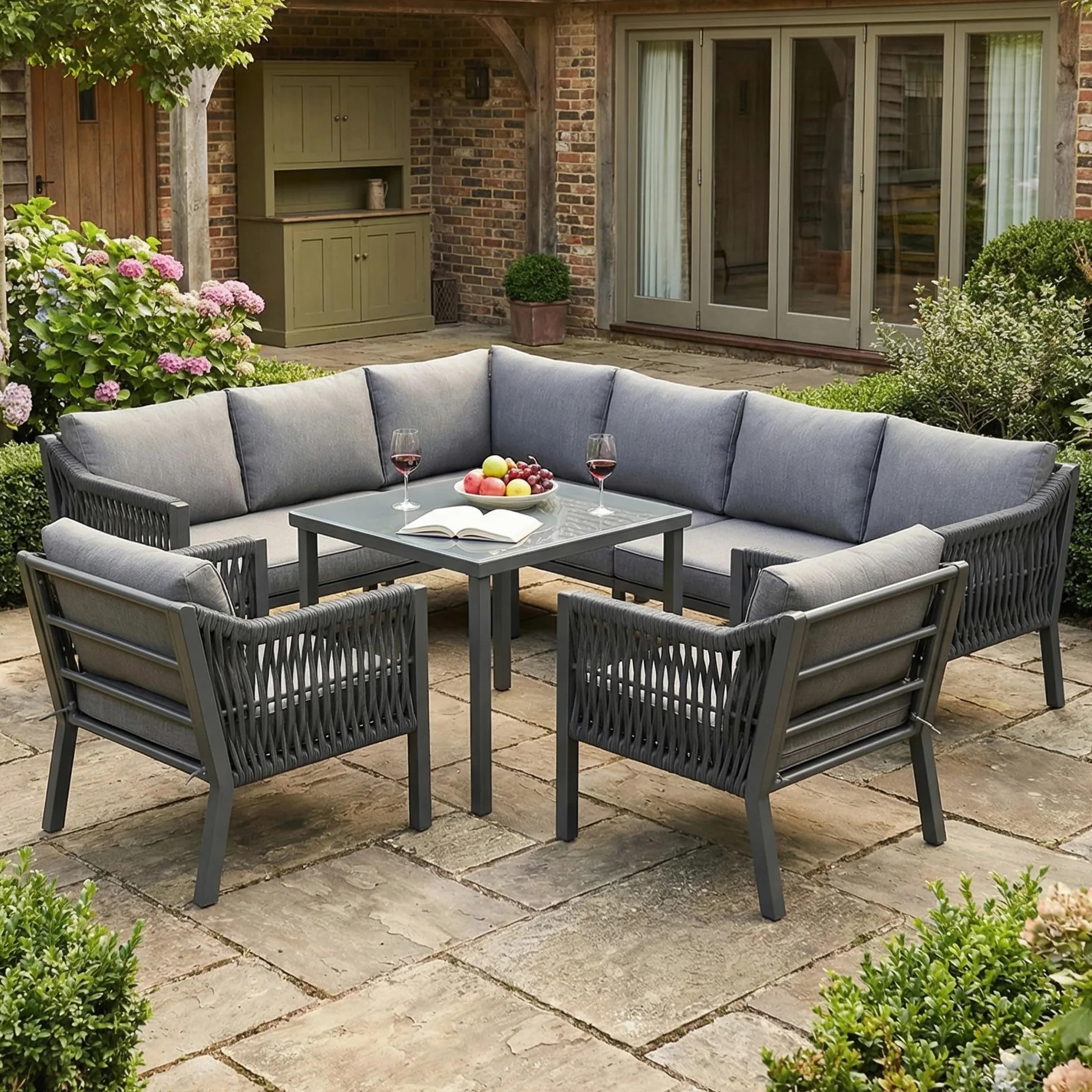 Muebles Jardin Exterior de 7-8 Plazas con 2 Sillones y Mesa, Sofa Terraza Exterior con Cojín Suave, Muebles Terraza Exterior con Reposabrazos Trenzado y Estructura Metálica, Gris