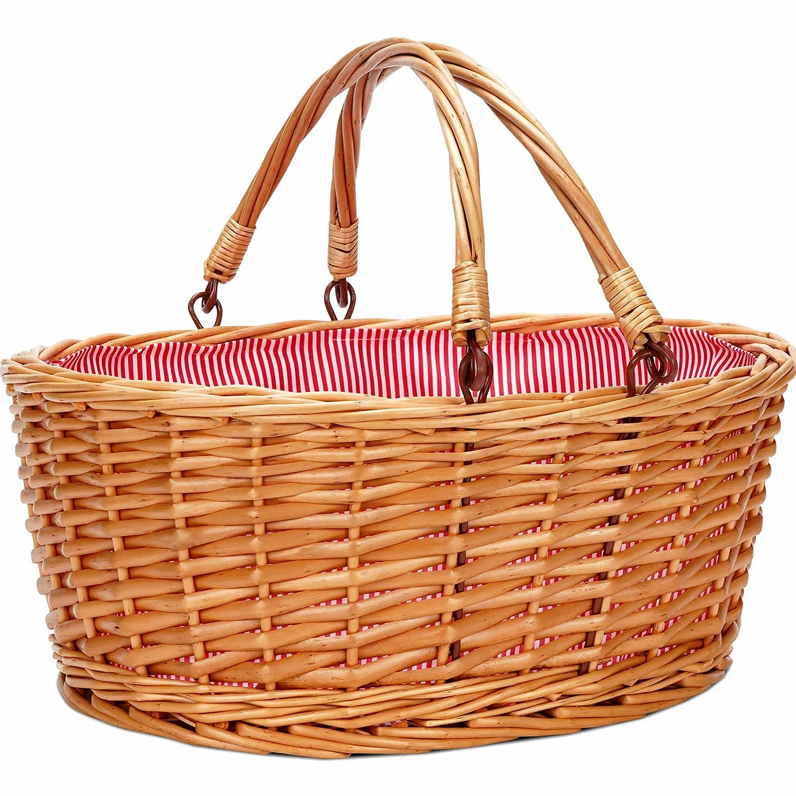 Cesta de picnic de mimbre con asas dobles plegables, cesta vacía de sauce grande natural, cesta vacía, huevos de Pascua, cesta de vino para juguetes, flores, bodas (rojo, 16 pulgadas)