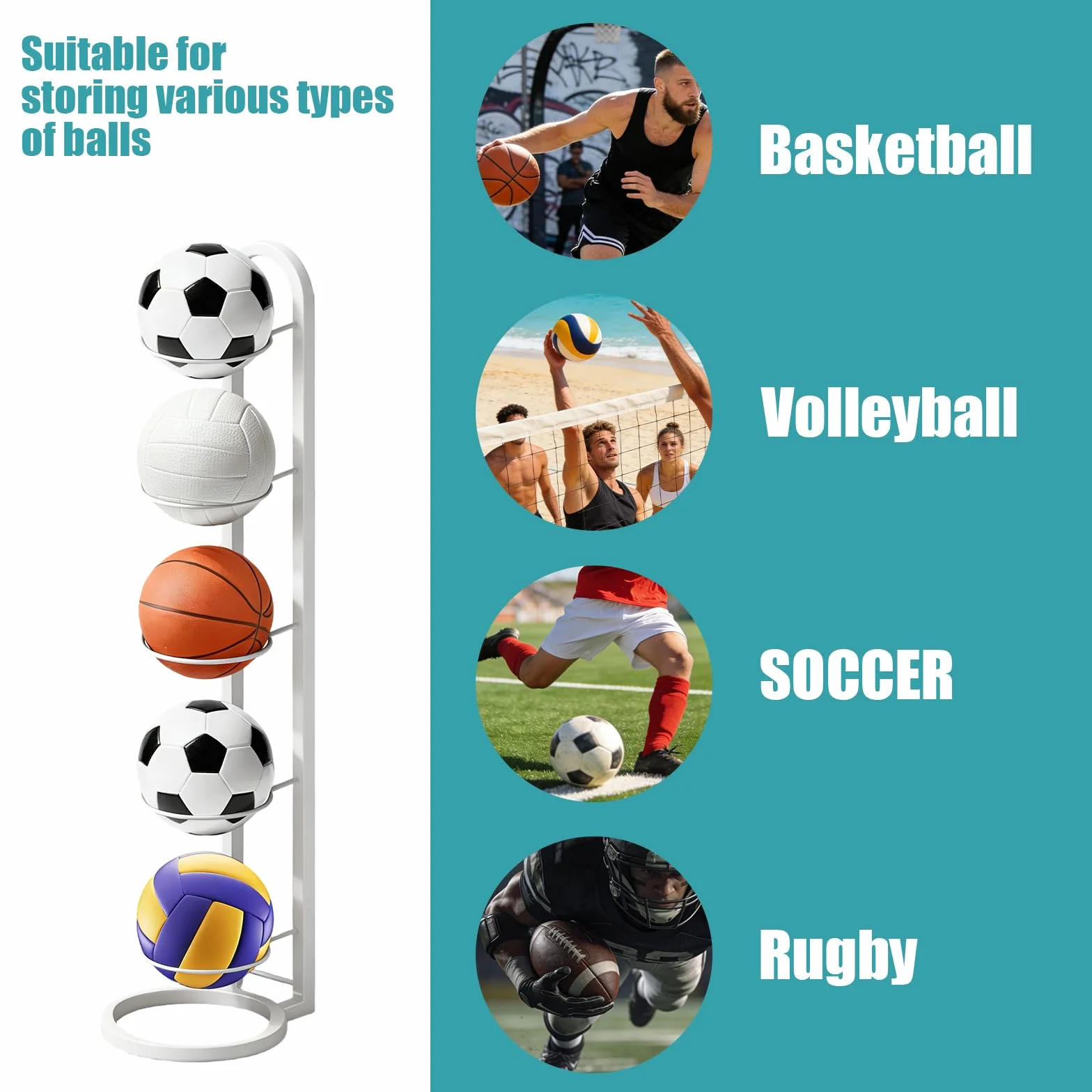 Estante para balones vertical 5 capas, porta balones de baloncesto voleibol fútbol blanco