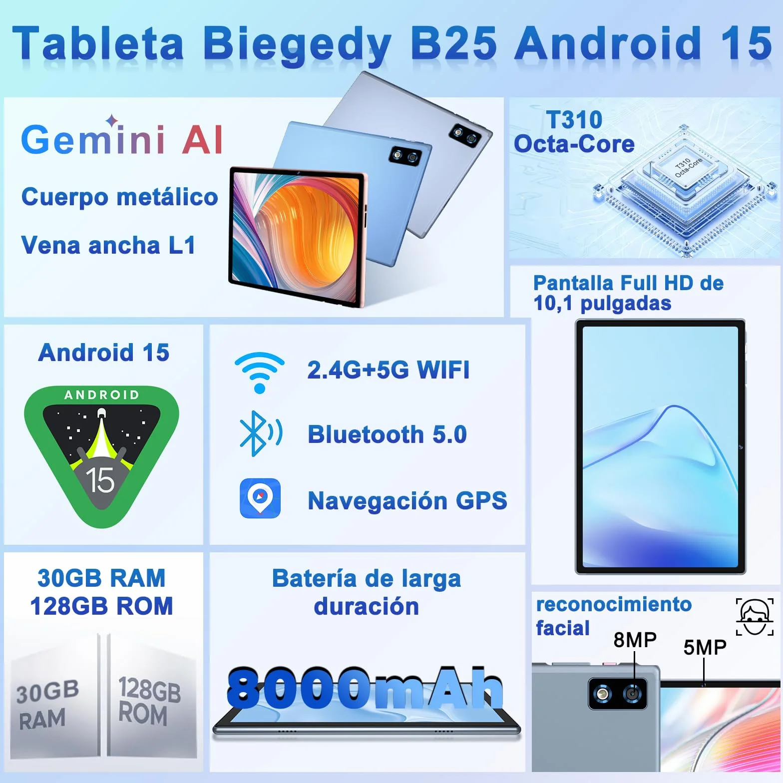 Tablet 10 Pulgadas Android 15 Gemini AI 30GB RAM 128GB ROM Octa-Core 2.0GHz 8000mAh 5G WiFi 6 BT 5.0 con Teclado y Ratón Gris