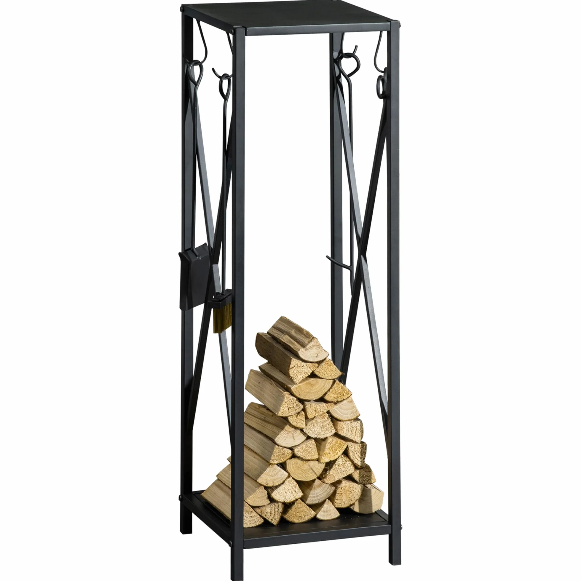 Outsunny Soporte para Leña Estante de Leña Metálico Leñero de Exterior con Ganchos Pala Cepillo Atizador y Tenazas Carga 65 kg para Interior y Exterior 34x34x111 cm Negro