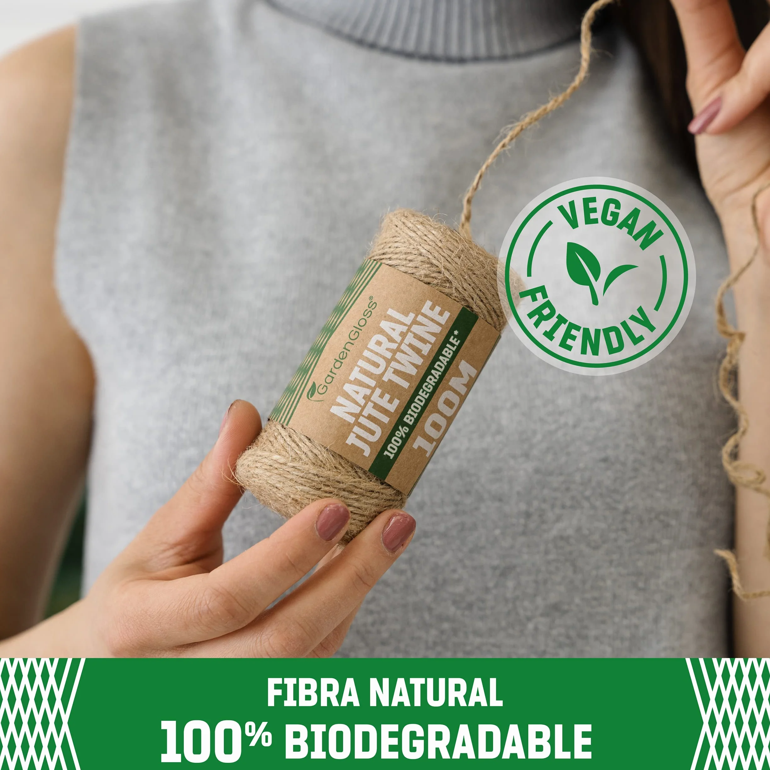 GardenGloss® Cinta de Fibra Natural de Yute (300m de Longitud, 1 mm de Grosor) - 100% Biodegradable - Cordón de Dos Hilos para jardinería, Manualidades, Bricolaje y Envolver Regalos