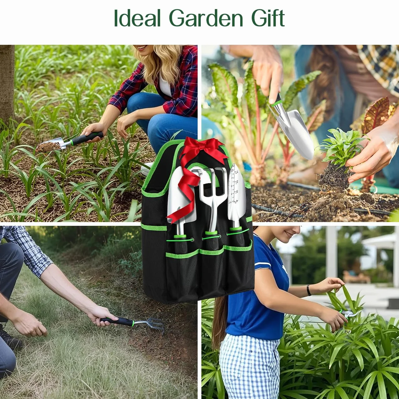 Housolution Juego de Herramientas de Jardín, 8 PCS, Kit de Herramientas de Mano de Jardinería, Suministros de Jardinería de Aleación de Aluminio Resistente con Mango, Bolsa de Almacenamiento, Verde