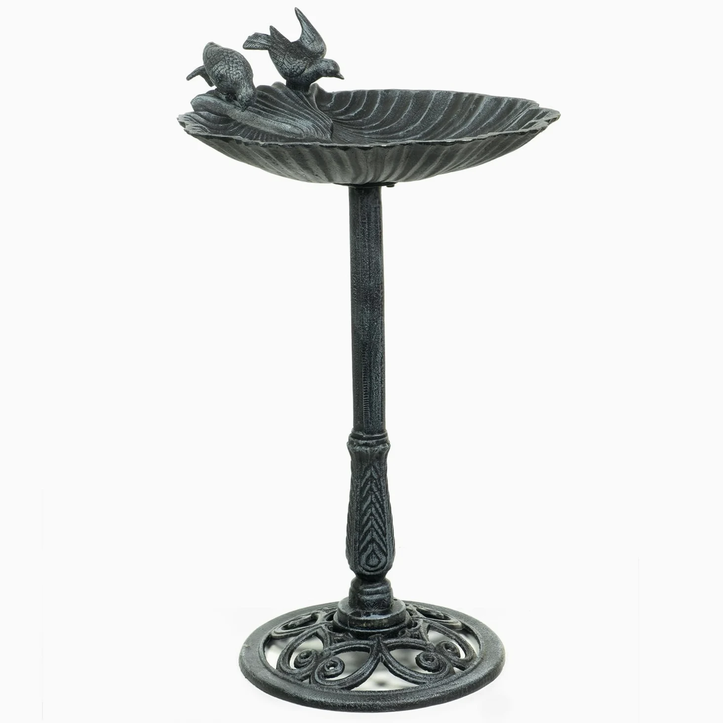 Moritz Bebedero para pájaros de 78 cm de alto, hierro fundido, verde macizo, para jardín, baño para pájaros con soporte, diseño antiguo