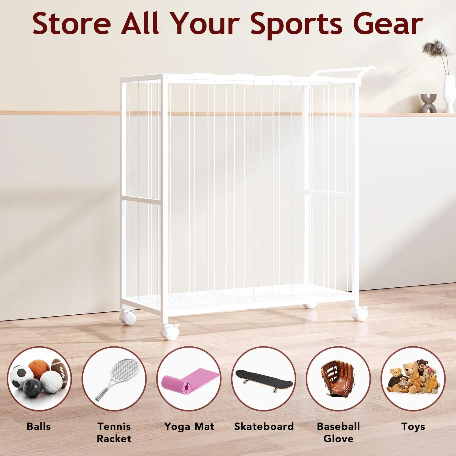 Homsorout Cesta de almacenamiento de bolas, carrito deportivo organizador de metal para garaje y gimnasio