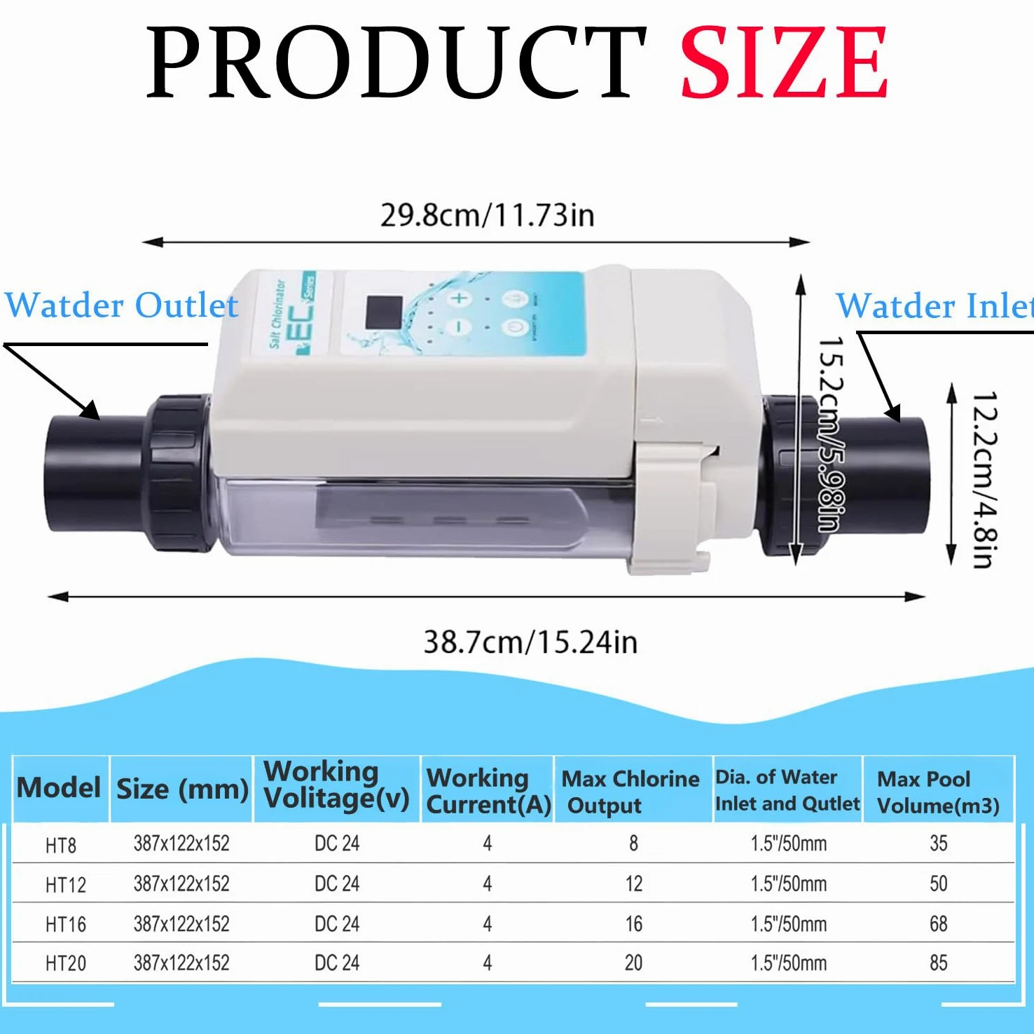 Clorador de Sal para Piscinas, Dispositivo automático de cloración de Agua Salada de 8/12/16/20 g/h. Reduce la irritación ajustando los Niveles de salinidad y Cloro del Agua. 12g