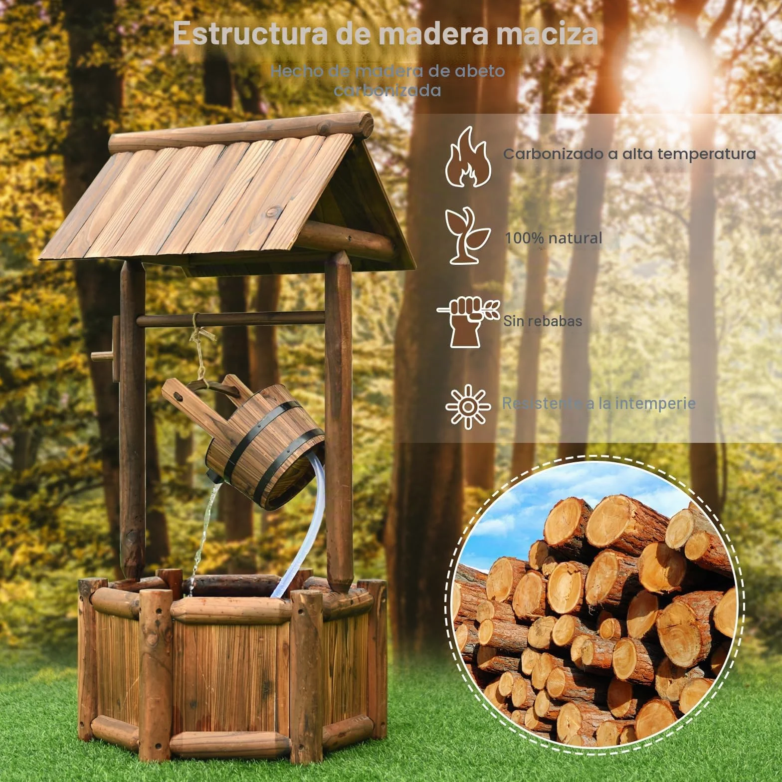 RELAX4LIFE Fuente de Jardín de Madera con Bomba Eléctrica 300L/H, Pozo Decorativa con Control del Caudal de Agua para Jardín, Balcón, Patio, 58,5×56×117cm, Marrón