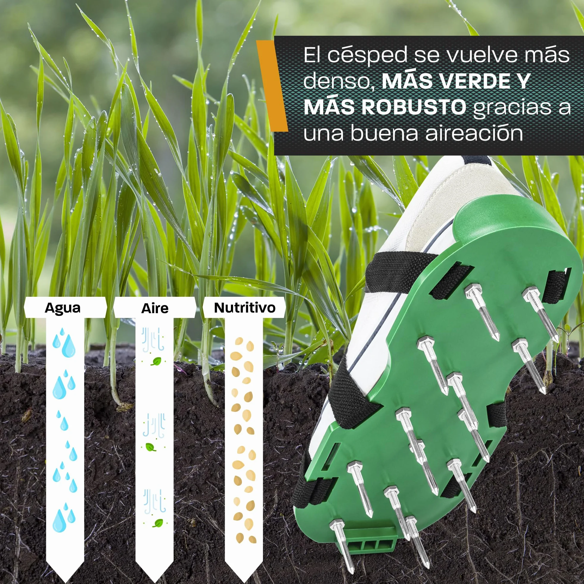 Hinrichs Zapatos Aireador de Césped - Zapatos con Clavos para Airear el Césped - Zapatos Aireadores de Césped con Correa Ajustable Flexible - Escarificador Cesped Manual para Airear el Suelo
