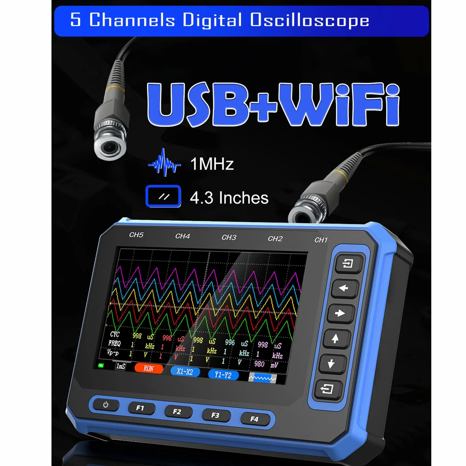 Osciloscopio Portátil de 5 Canales, Ancho de Banda de 1MHz con Pantalla de 4,3 Pulgadas, Analizador de Forma de Onda Preciso para Varios Proyectos