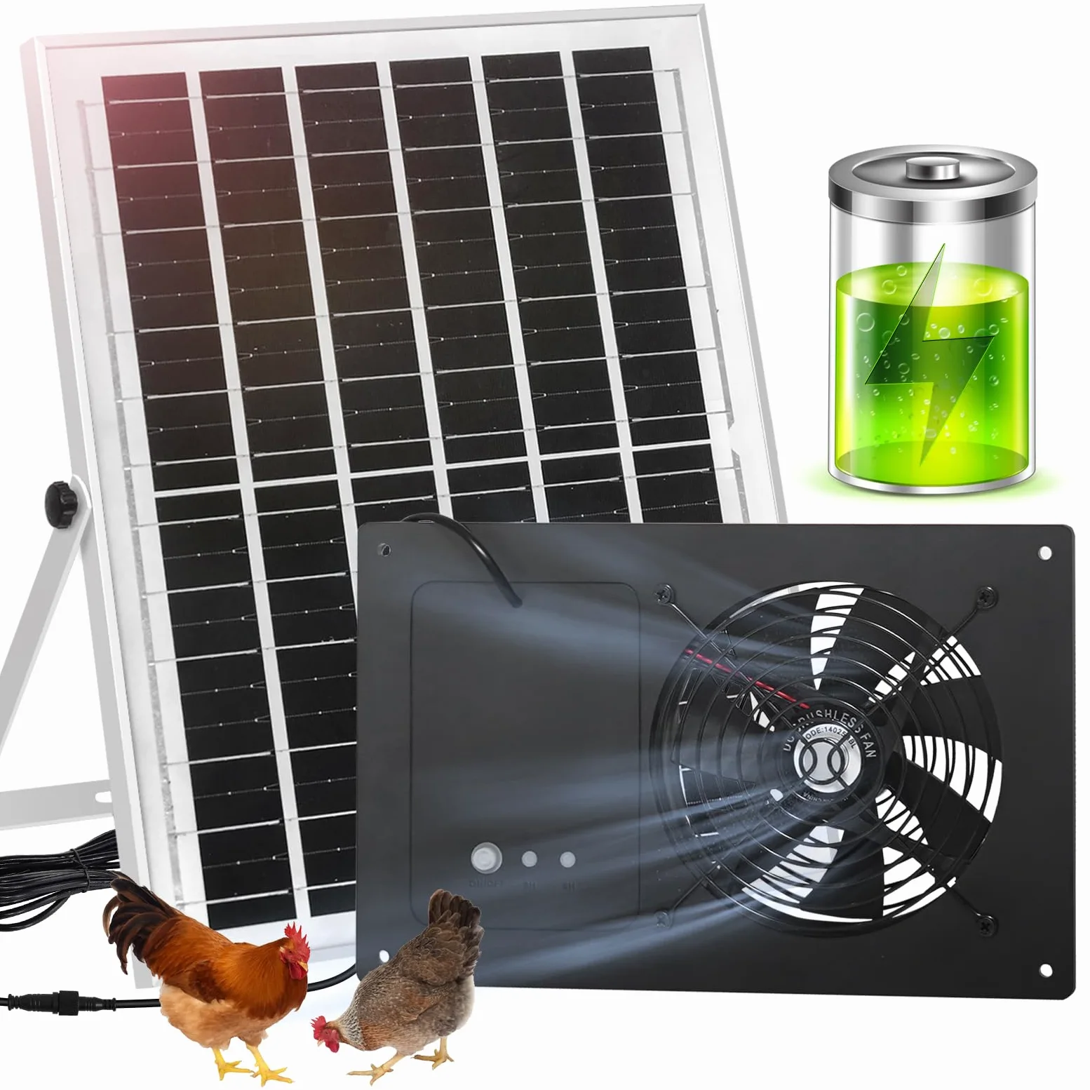 Ventilador de escape solar con batería y temporizador de 3H/6H, alta velocidad IP65 impermeable, ventilador de ventilación solar para gallinero, invernadero, casa de perro y cobertizo, bajo