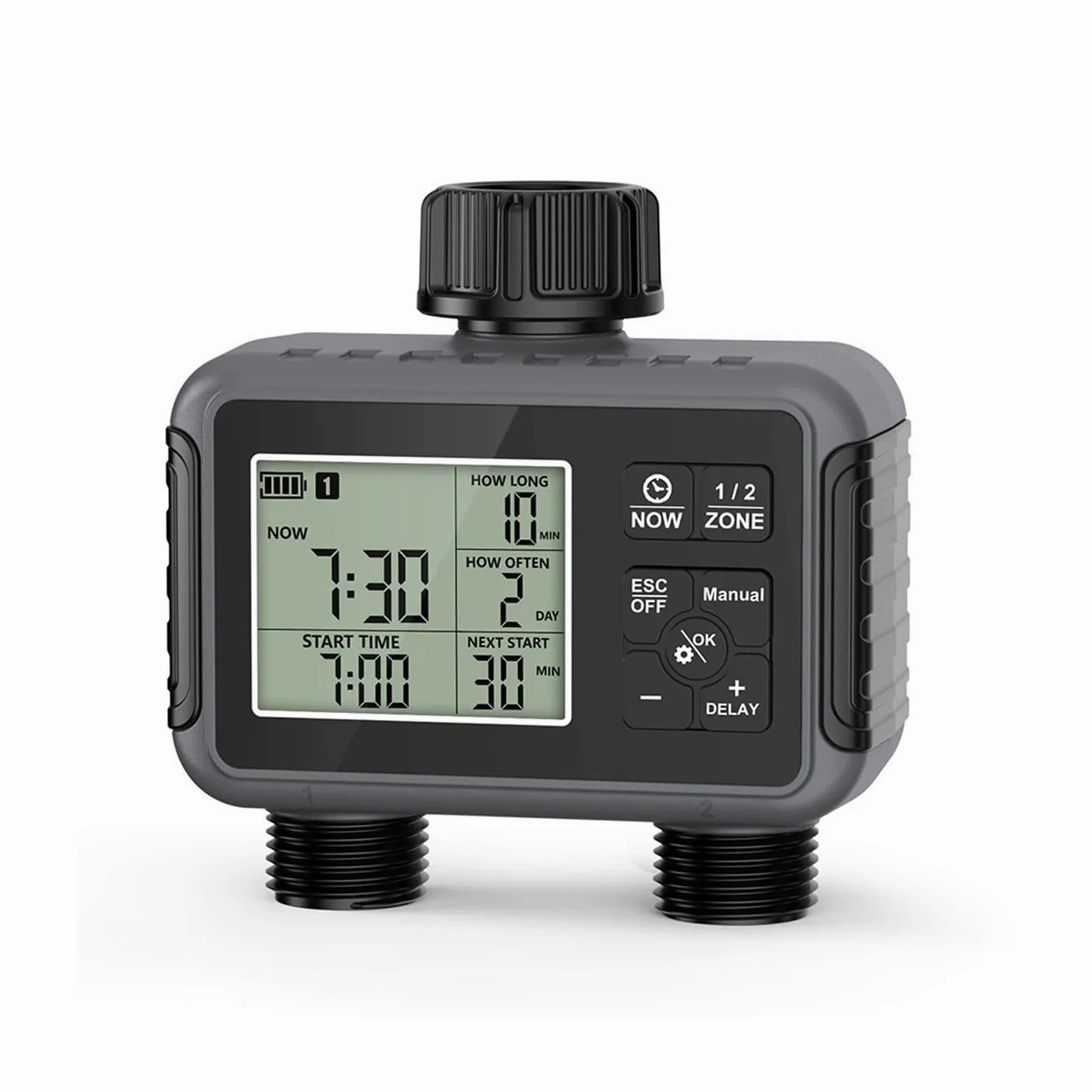 Temporizador de aspersor de 2 zonas programable IPX5 riego de jardín | Temporizador programable for sistemas de riego por goteo y césped.(G thread)