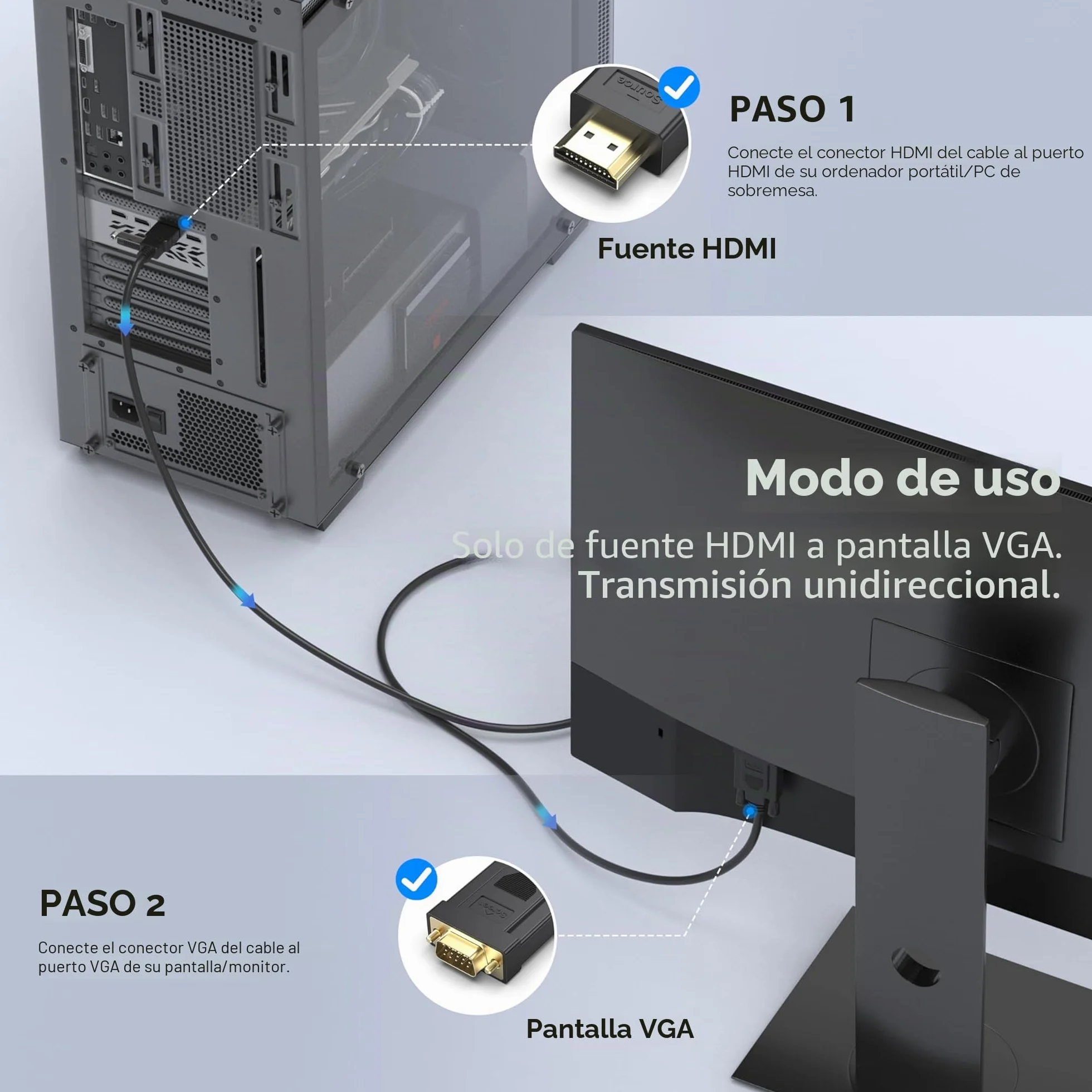 BENFEI Cable HDMI a VGA Chapado en Oro Macho a Macho 1,8 m Negro