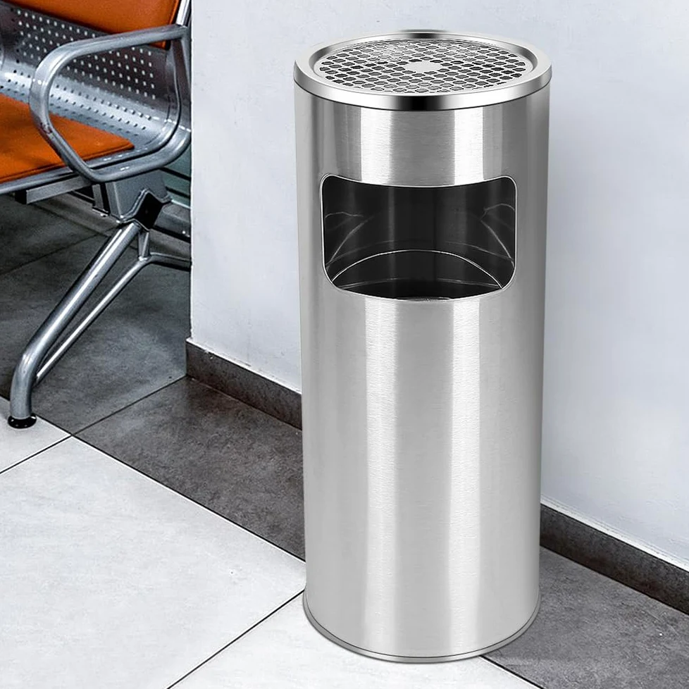 Cenicero de pie 2 en 1 de acero inoxidable con cubo de basura, 30 litros, cubo interior extraíble, cenicero de pie para exterior, cenicero para entrada, hotel (plata + negro, 30 L, 2 unidades)