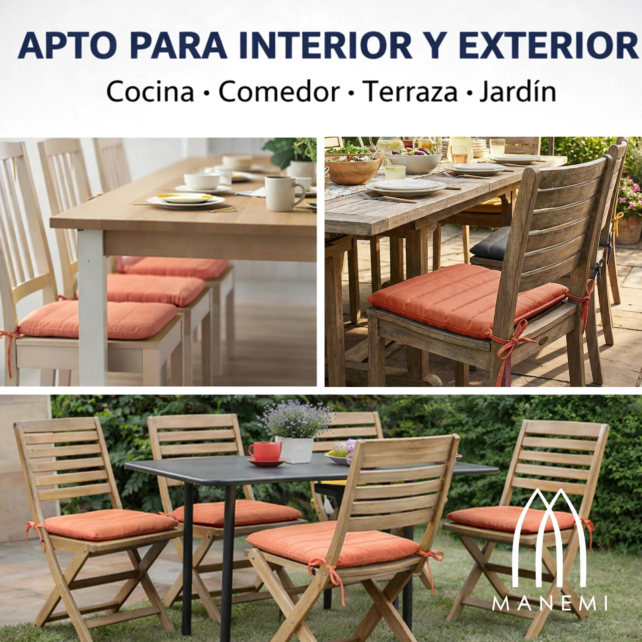 Cojín para silla 42x40x4 cm Repelente al agua Funda con cremallera desmontable Cintas de sujeción Interior y exterior Pack 6
