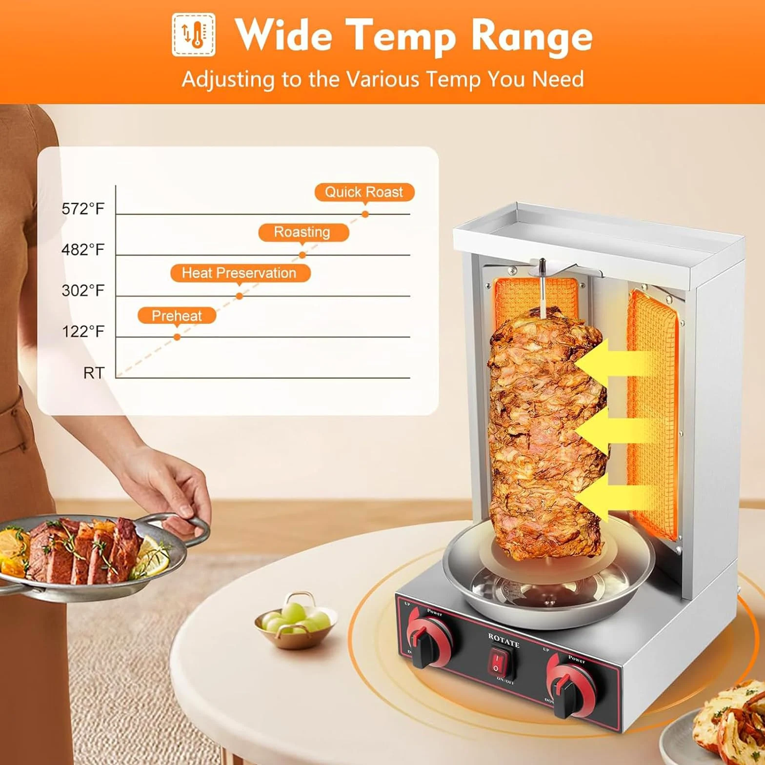 Horno Asador Vertical A Gas, Horno Asador Gyro, Máquina De Gas para Kebab Doner, con 2 Quemadores, Capacidad De 13 Libras, con Bandeja De Aceite, para Reuniones Familiares Black