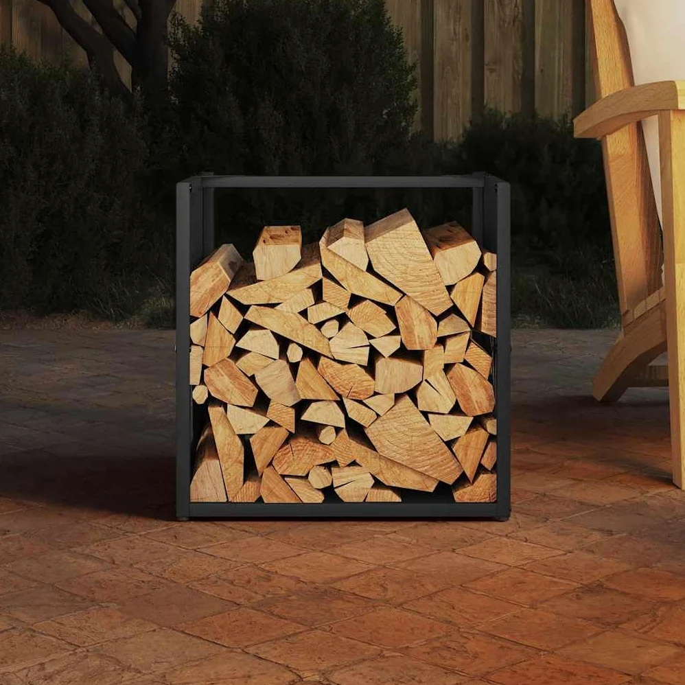 Estantería para leña negra 40 x 40 x 40 cm de acero laminado en frío, leña, estante de madera, soporte para leña para interior, salón, horno, terraza, almacenamiento ordenado y apilamiento en