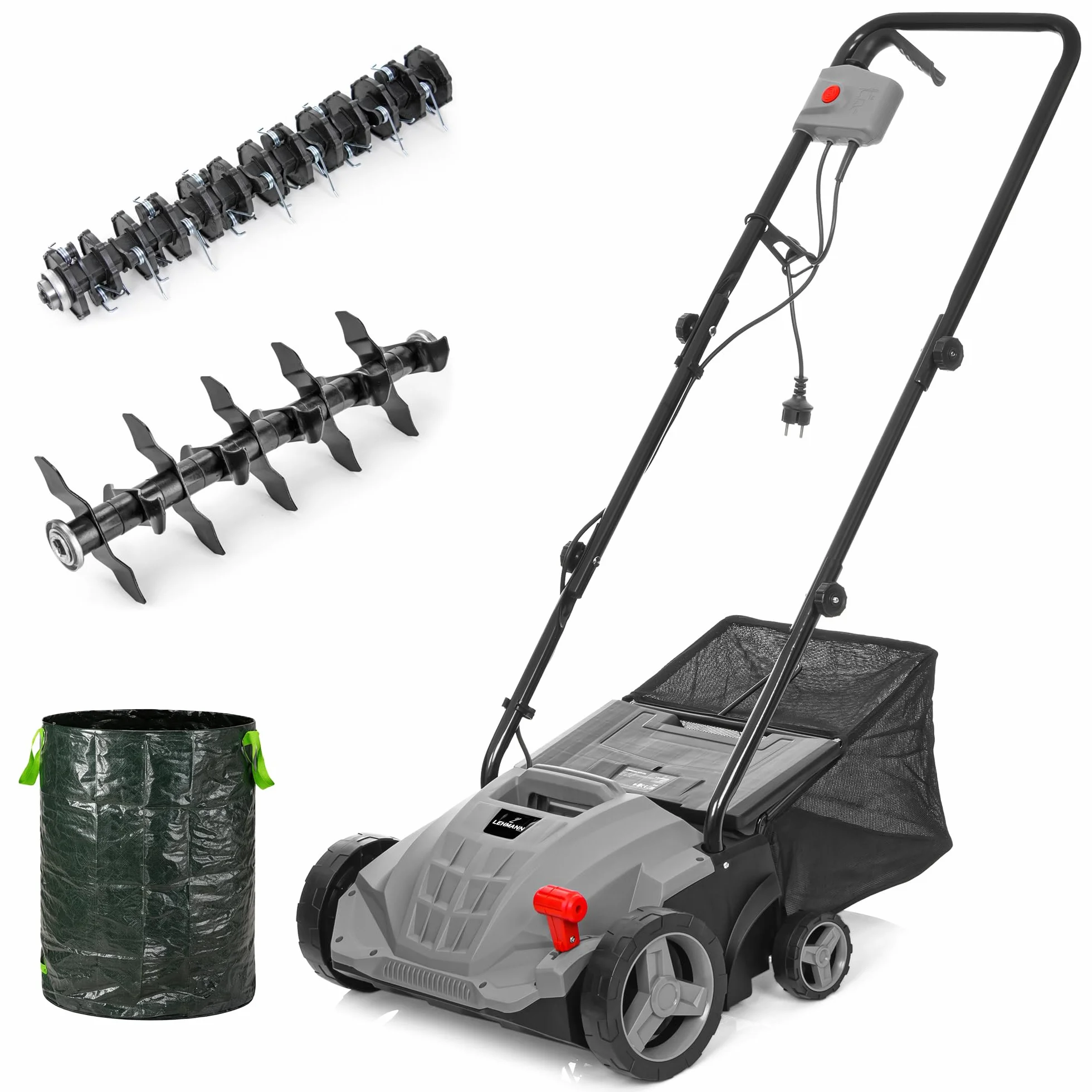 LEHMANN Alyssum - Escarificador de espuma (2 w1, 1500 W, escarificador eléctrico con ancho de trabajo de 32 cm, profundidad de trabajo ajustable en 4 niveles de -12 biz + 4 mm