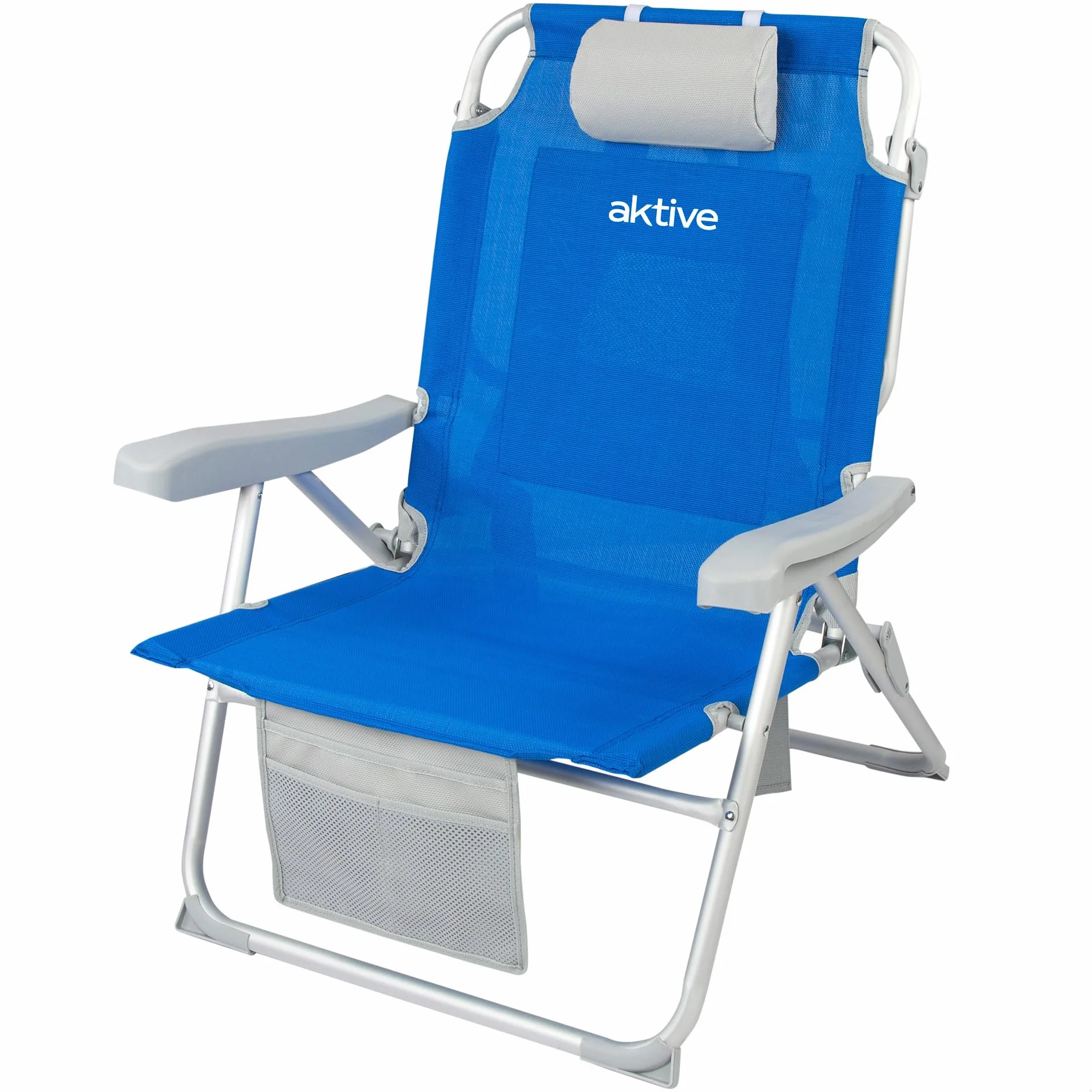 Aktive 62633 - Silla playa plegable y reclinable 5 posiciones, Silla portátil plegable 55x67,5x86cm, Incluye cojín, 1 bolsillo, 1 bolsa con cremallera y topes antivuelco, Sillas de playa