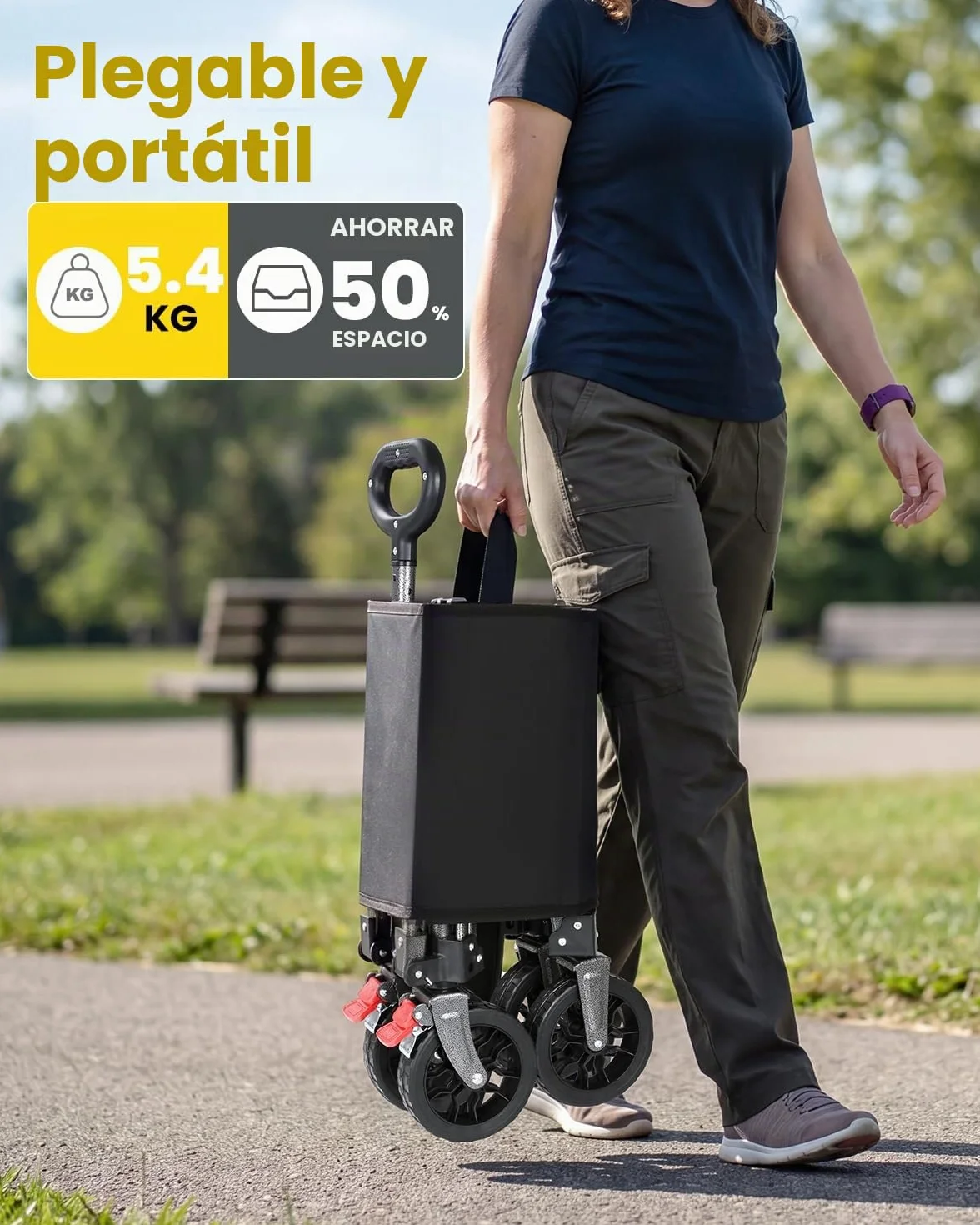YEAUPE PRO Carro Playa Plegable con Ruedas – 70L, 50 kg – Ruedas Amovibles, Mango Ajustable, Acceso Lateral con Cremallera y Diseño Compacto, Ideal para jardín, paquetería y hogar – Negro Tinta