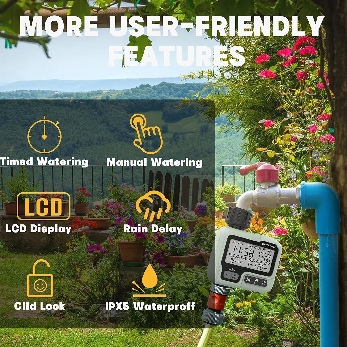 Kazeila Water Timer Programador Riego WiFi,Temporizador Riego Automatico con App, Retraso por Lluvia, WLAN 2.4GHz, Control de Voz Alexa para Jardín Rociadores