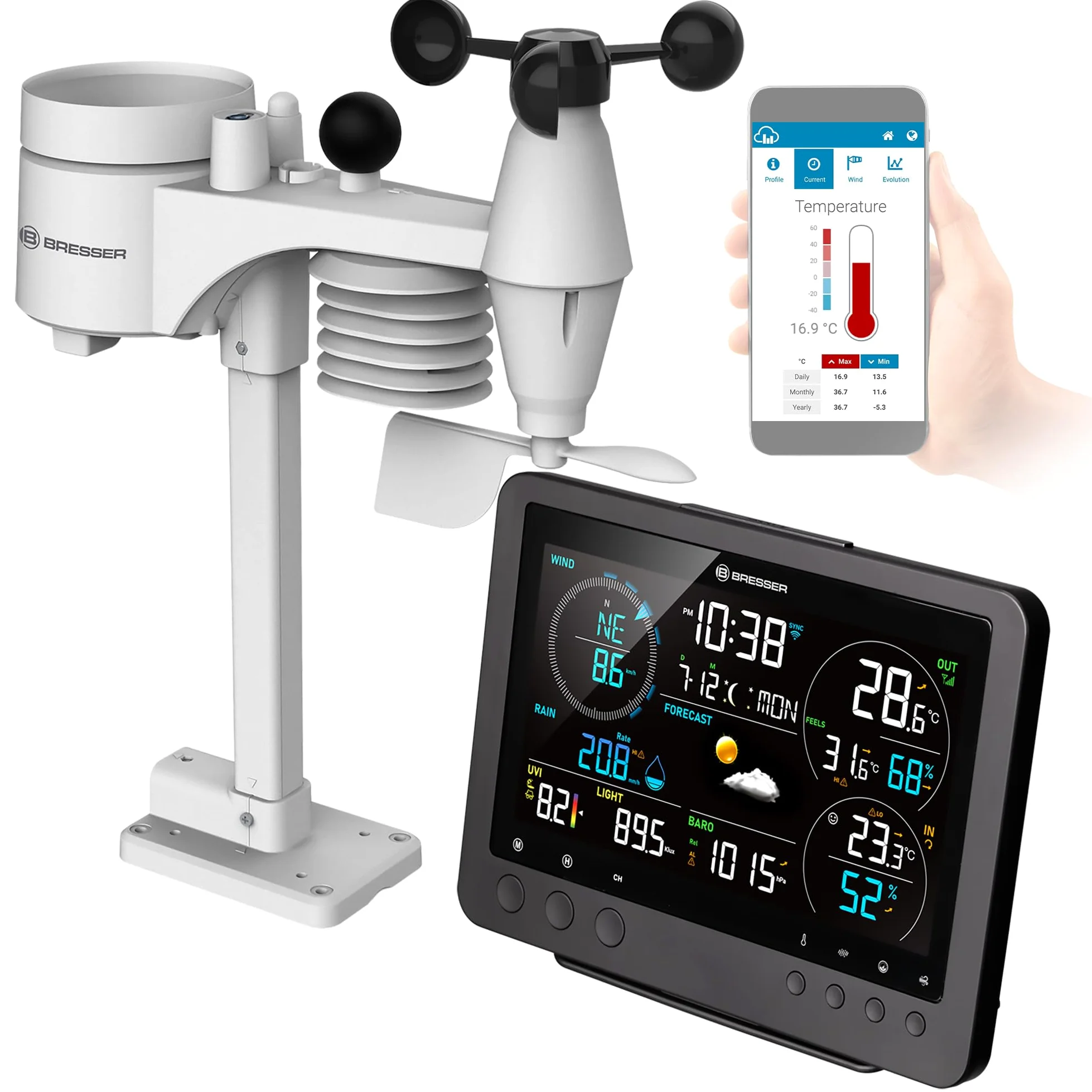 Bresser Bise Estación meteorológica profesional Wifi 8 en 1 | Temperatura interior y exterior, humedad, pluviómetro, anemómetro, previsión meteorológica, app, WBGT, índice de calor