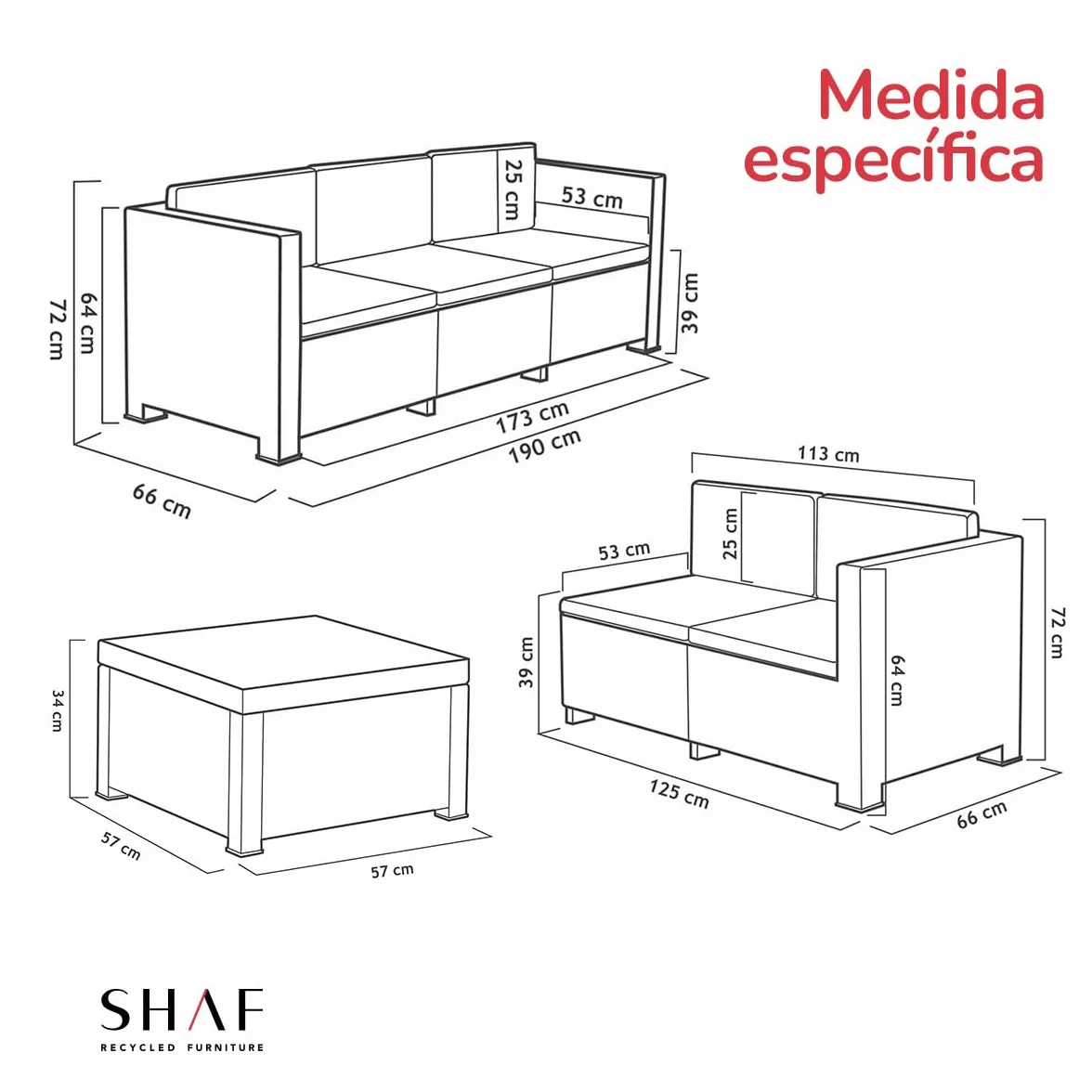 SP Berner - Set de Muebles de Jardín y Terraza Oasis Color Grafito - Tres Piezas - Sofá Canapé 3 y 2 Plazas y Mesa de Centro con Almacenaje - Fabricado en España con Plástico Reciclado