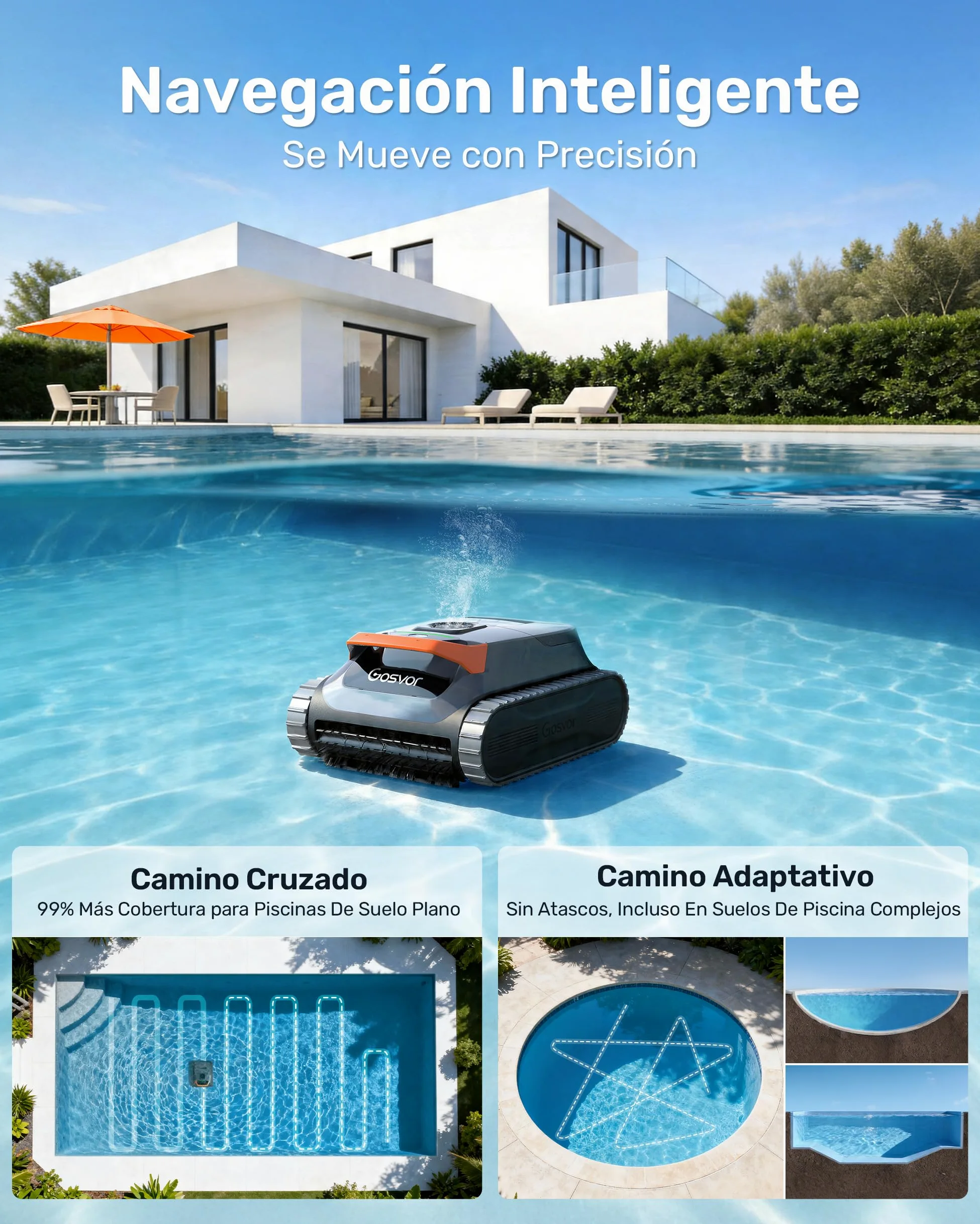 Gosvor (Nuovo 2026) Robot Piscina Limpiafondos y Paredes, Doble Filtración, Planificación Inteligente Rutas, 5 Modos, Control App, 200Min Autonomía, Línea Agua y Zona Poco Profunda,Gris Naranja
