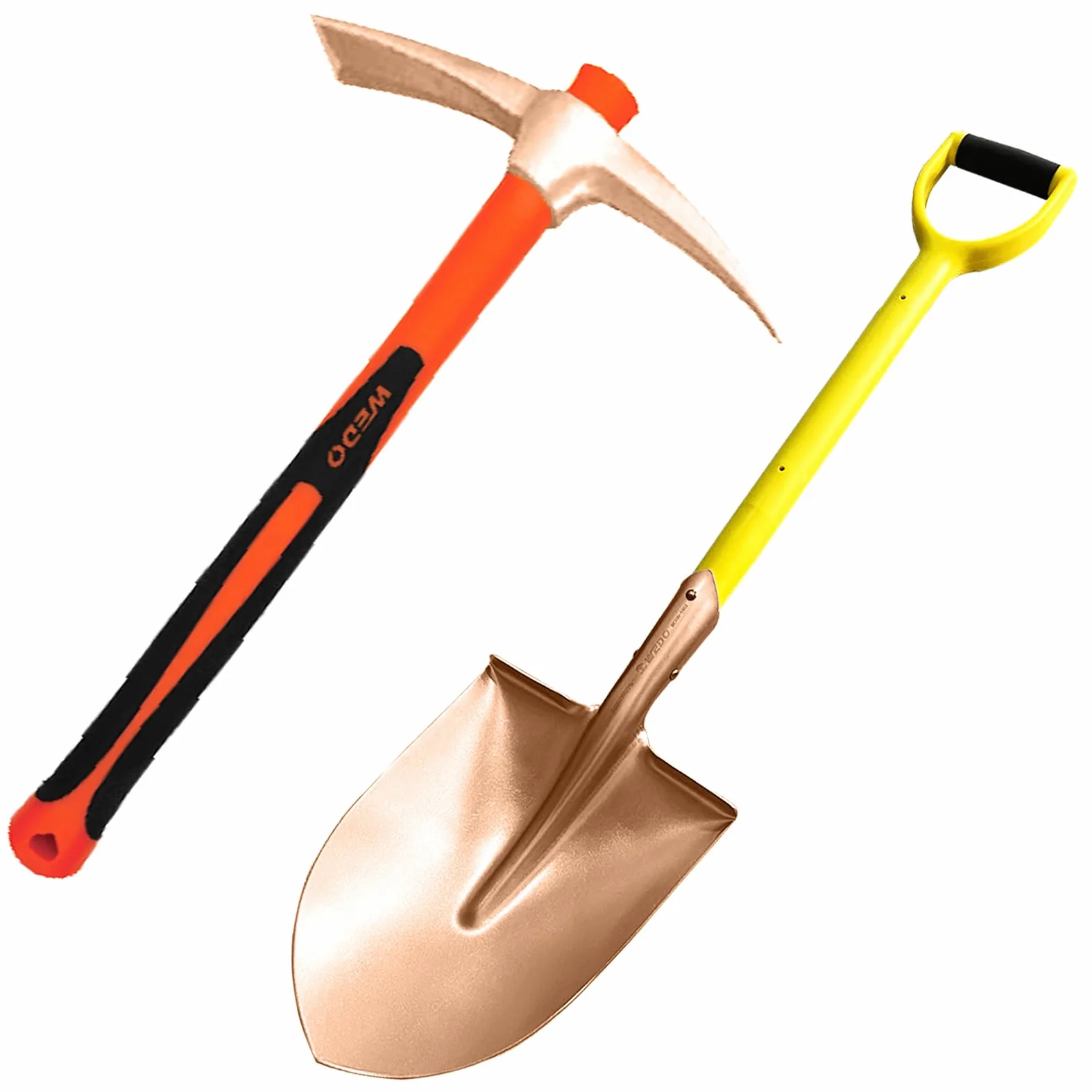 WEDO Juego de pala y púa de punta redonda que no produce chispas, pala de hoja recta de 990 mm, martillo de púas de roca de 910 mm, mango antideslizante, cobre berilio, no magnético, estándar DIN