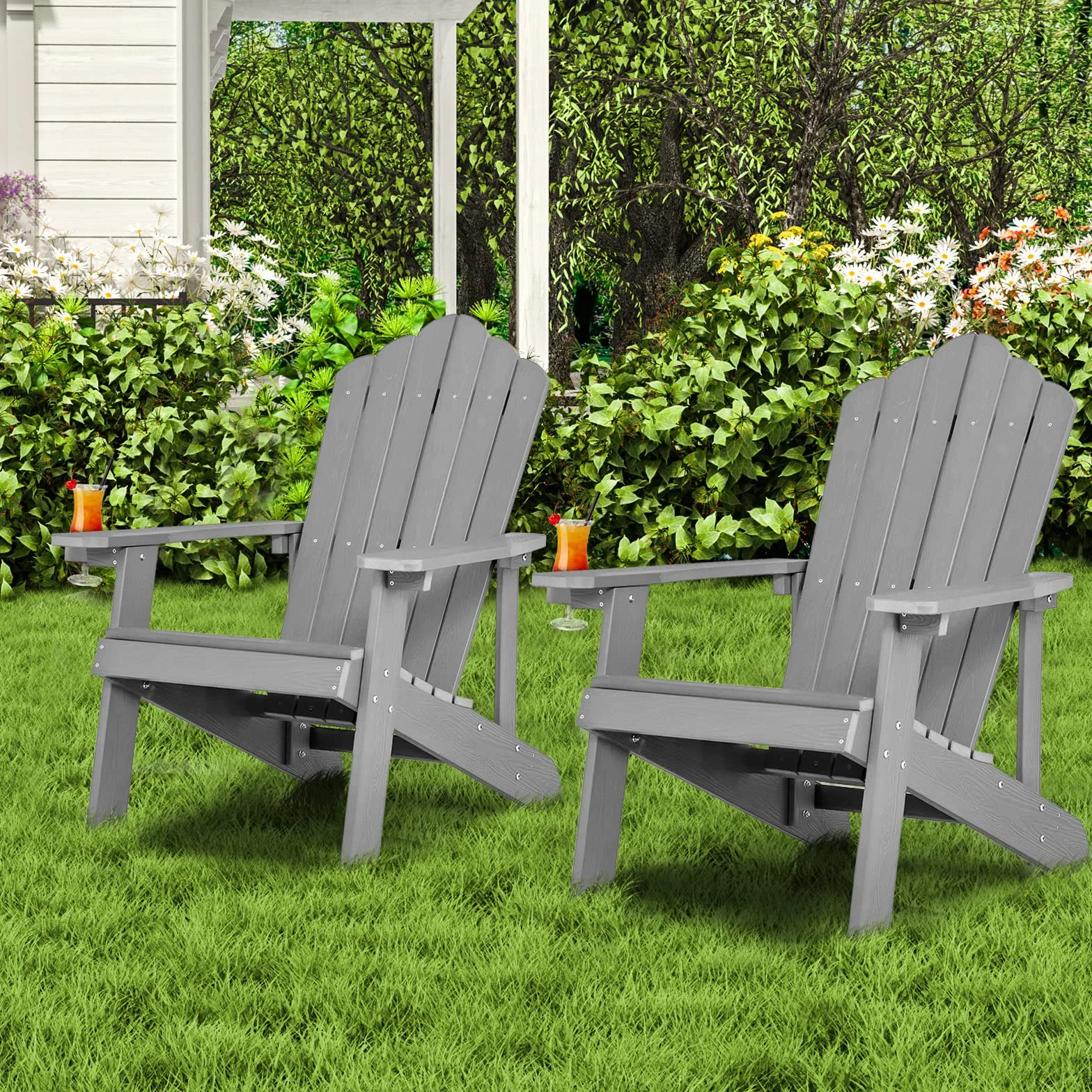 COSTWAY 2 Sillas Adirondack con Portavasos, Sillas para Hogueras, Resistente a la Intemperie, Grano de Madera Realista, Facíl de Montaje, Silla de Exterior para Patio, Jardín, Terraza (GIRS,2)