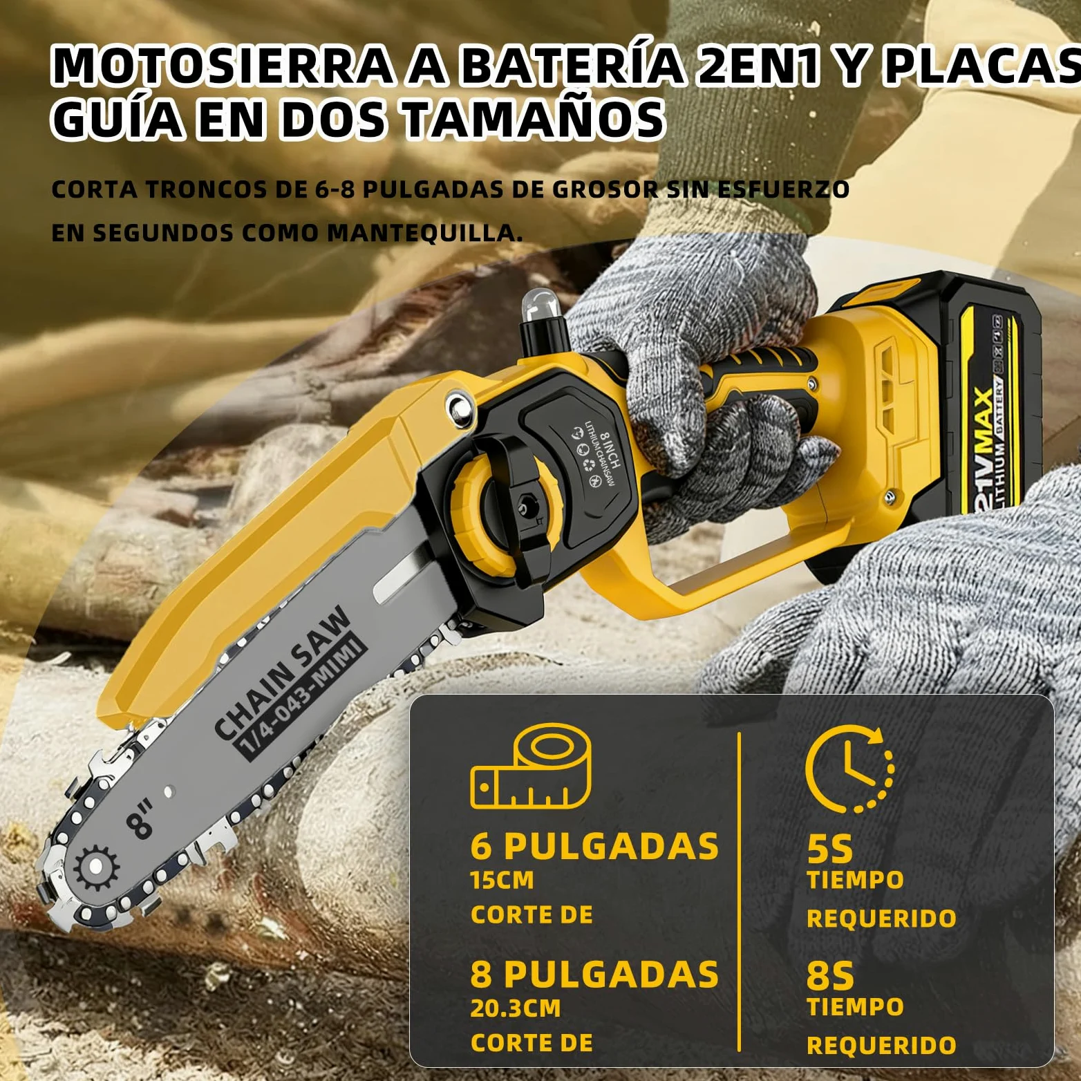 Mini motosierra inalámbrica 8" y 6", engrase automático, cadena repuesto, motor brushless 1200W, 2 baterías 4000mAh – Poda, jardín y corte madera