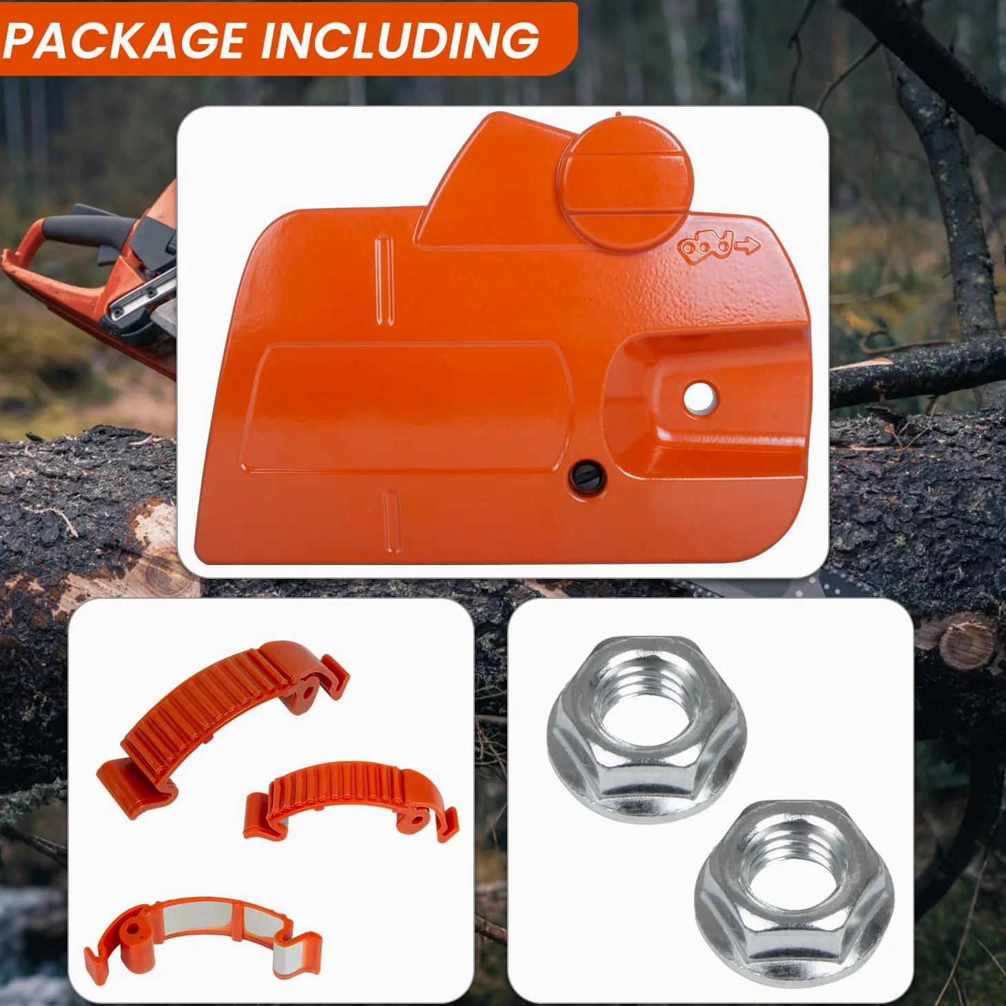 Conjunto de cubierta de embrague de freno de cadena compatible con motosierra Husqvarna 135 140 435 440 E II, incluye clips a presión y tuercas de barra, sustituye a 501388203 536329204 501388201