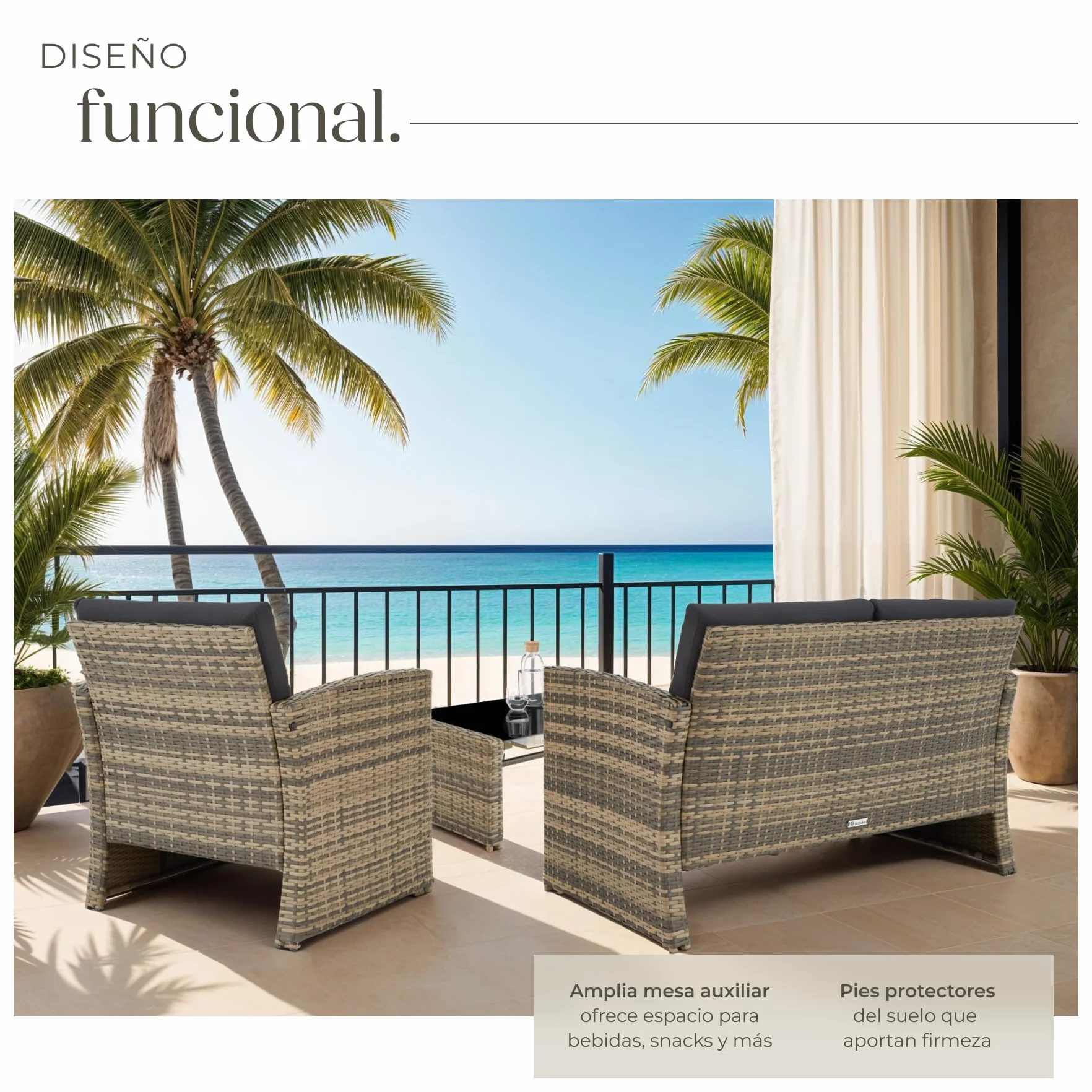 tectake® Conjunto Jardín de Ratán y Acero, Muebles Jardín Exterior, 2 Sillones 1 Sofá 1 Mesa con Cristal, Conjunto Terraza Resistente a Intemperie, con Cojines, Fundas Extraíbles - natural/gris oscuro