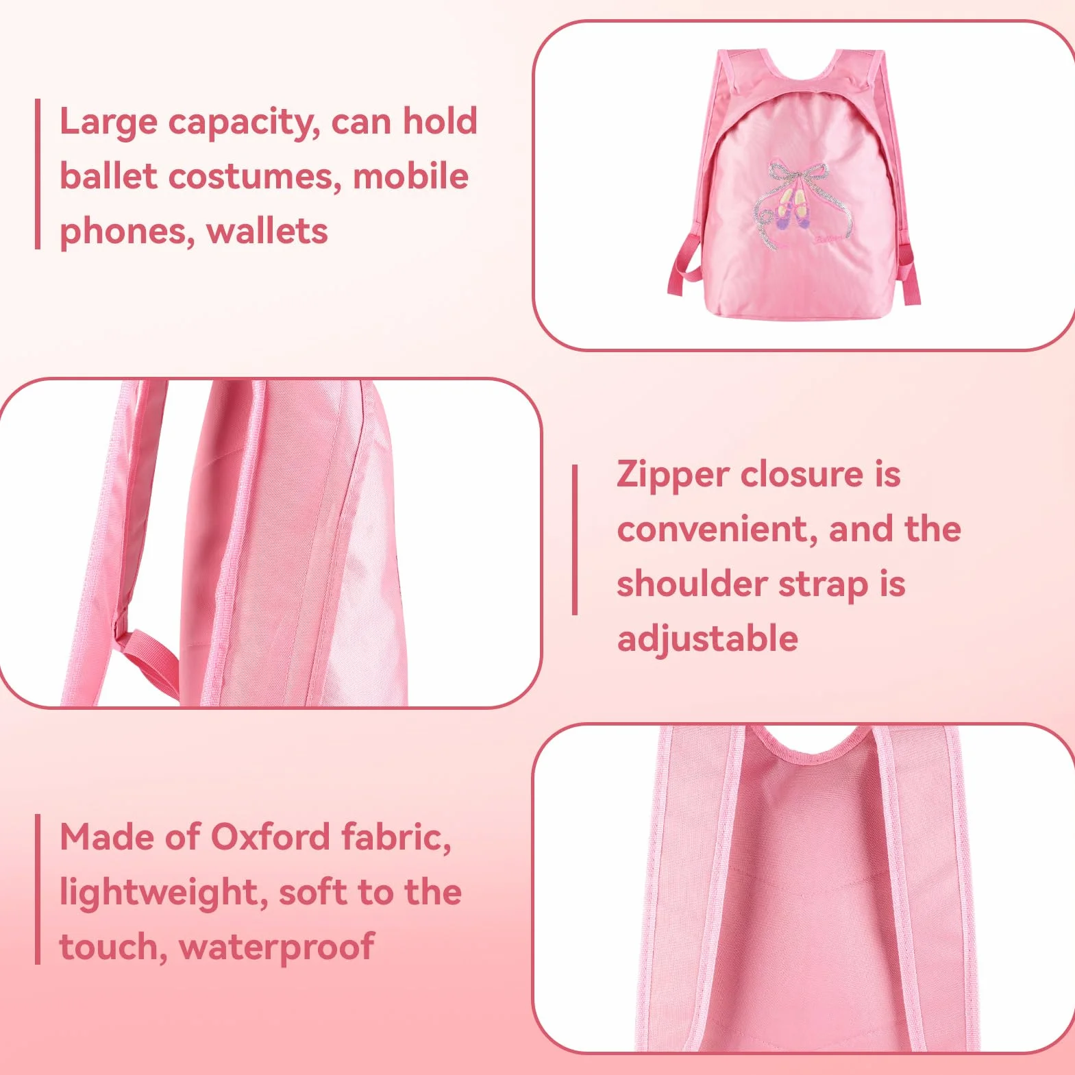 HERCHR Bolsa de Ballet para Niñas, Mochila Deportiva con Cremallera, Bolsa de Viaje, Bolsa de Hombro Doble Rosa